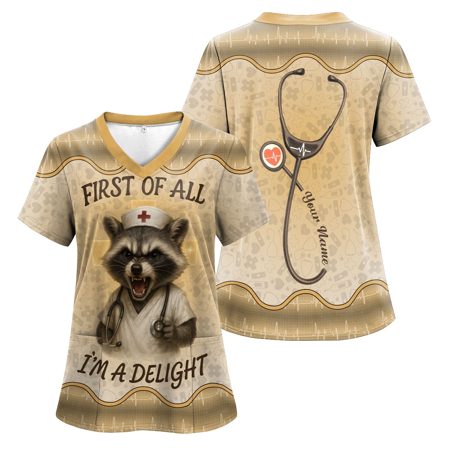 Funny Nurse Shirt with Raccoon - First Of All I'm A Delight - Personalized with Name - Cute Gift for RN CNA LPN Women in Healthcare