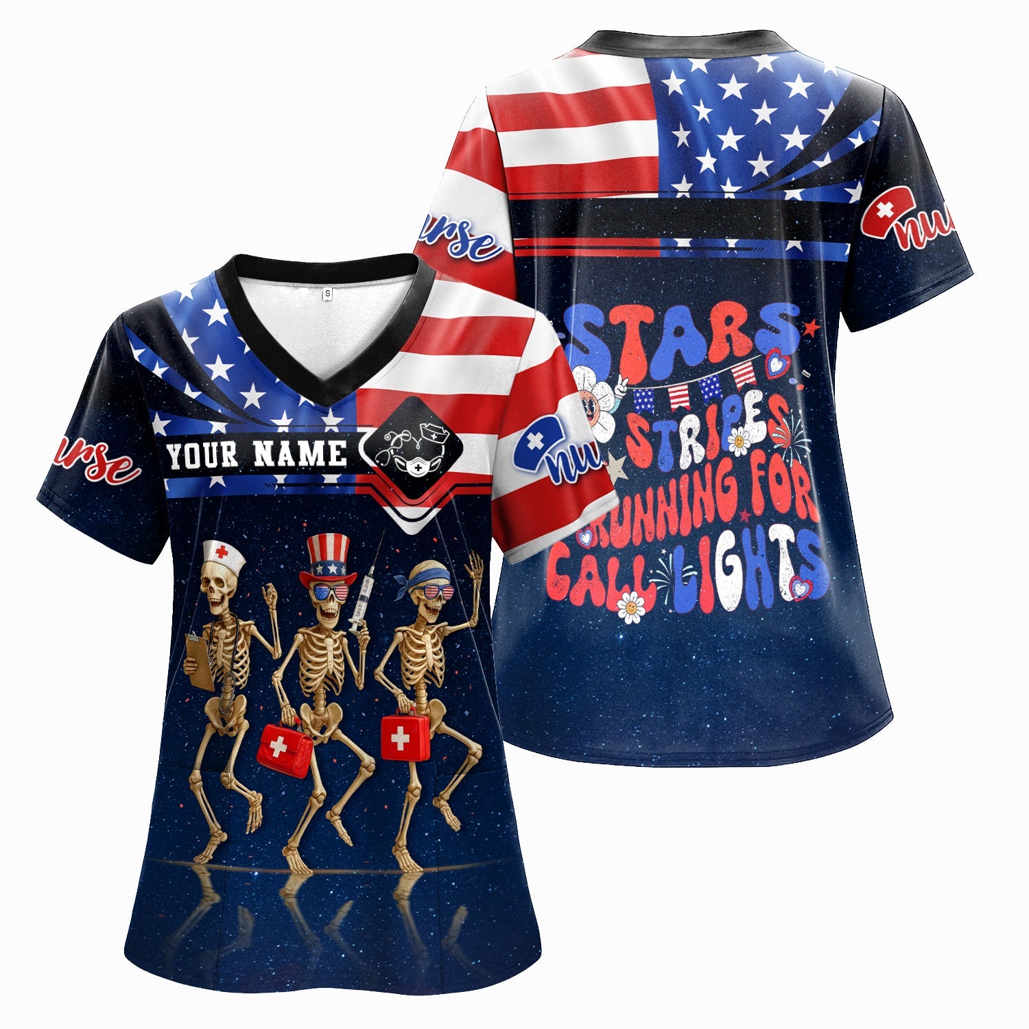 Funny Nurse Skeleton Shirt - Personalized 4th of July Scrub Life Tee - Custom Name RN CNA LPN Gift
