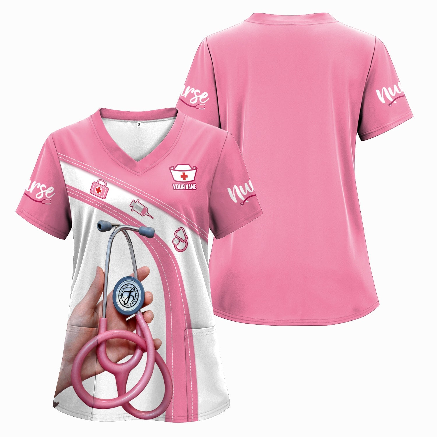 Personalized Nurse Shirt for Women - Pink Stethoscope Gift for RN CNA LPN - Custom Name Medical Uniform Tee