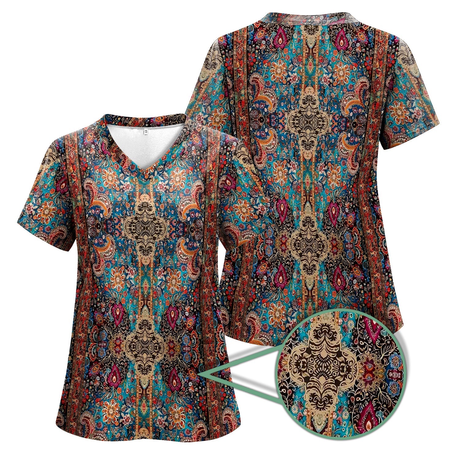 Boho Hippie T-Shirt - All-Over Print Psychedelic Paisley Graphic - Gift for Women RN LPN & Healthcare Workers