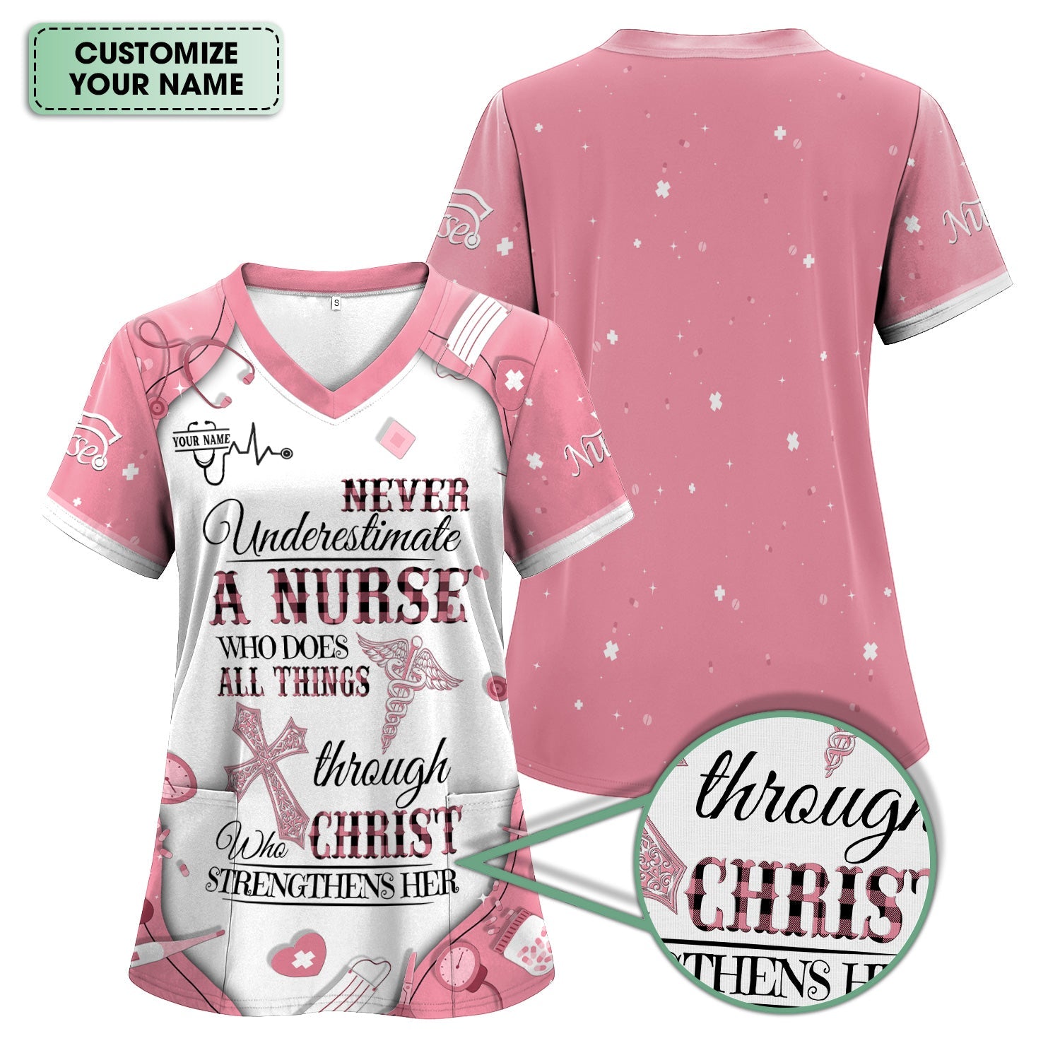 Personalized Christian Nurse Shirt - All Things Through Christ Quote - Faith-Based Medical Gift for RN, LPN, CNA Healthcare Workers