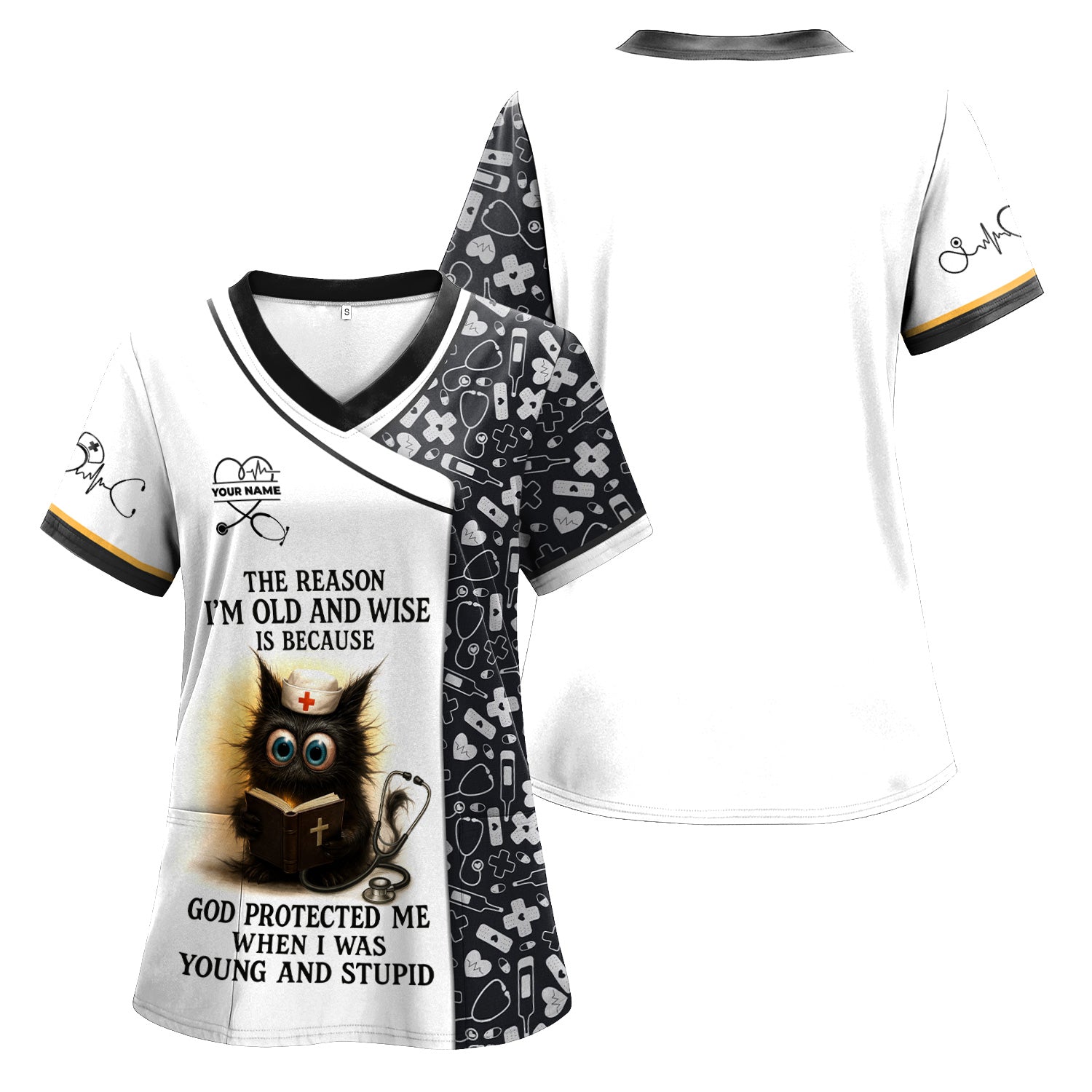 Personalized Nurse Shirt - Adorable Cat Design with Bible and Your Name - Gift for RN CNA LPN  Healthcare Worker