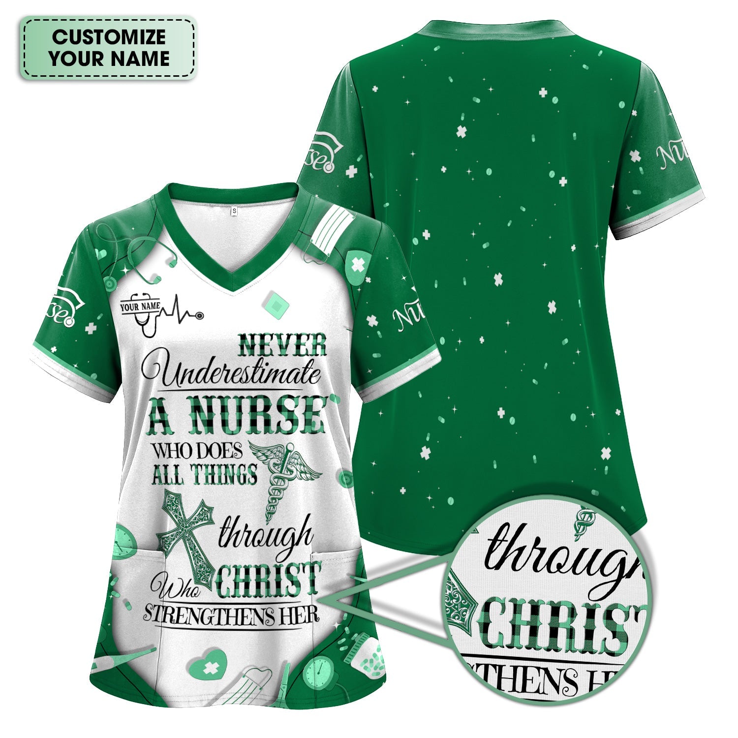Personalized Christian Nurse Shirt - All Things Through Christ Quote - Faith-Based Medical Gift for RN, LPN, CNA Healthcare Workers