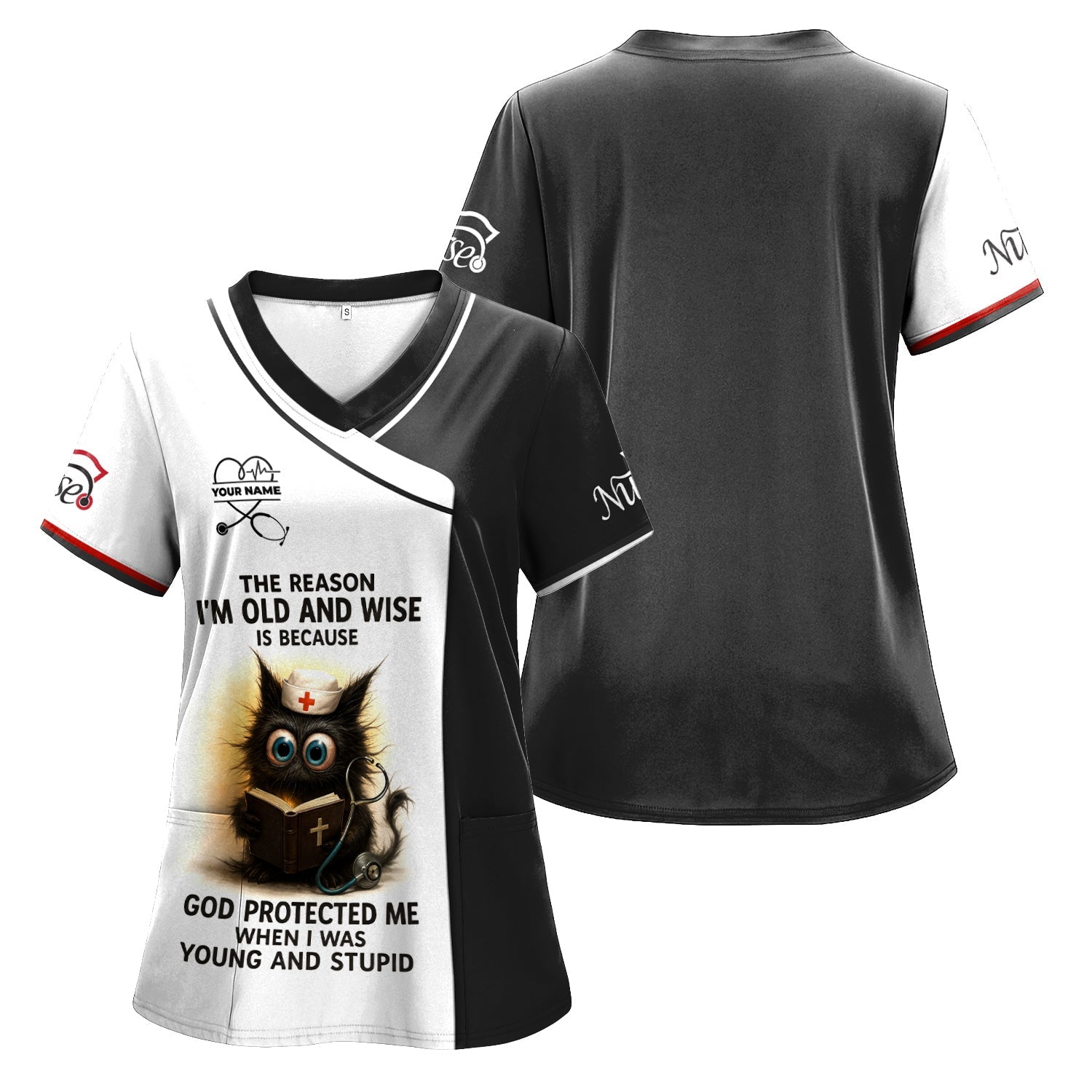 Custom Nurse T-shirt - Adorable Cat Design with Bible and Your Name - Ideal for RN, CNA, LPN Healthcare Workers - Perfect Gift for Nurses