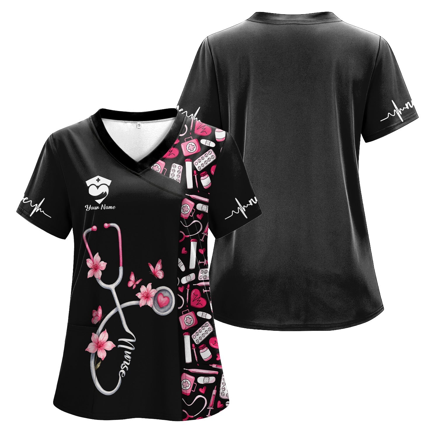 Personalized Nurse Shirt for Women - Pink Stethoscope Floral Medical Design - Cute Gift for RN, CNA, LPN, Medical Staff