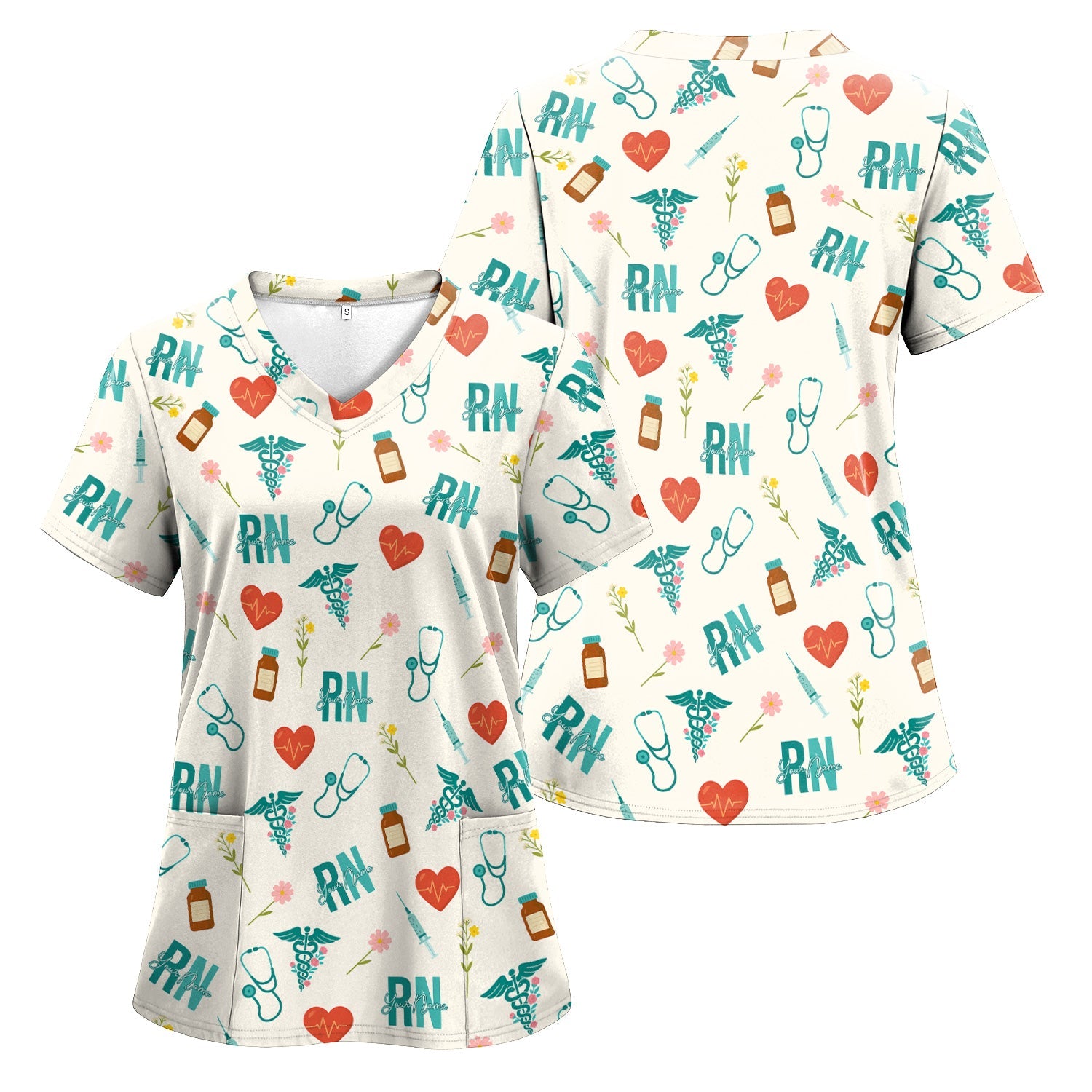 Personalized RN T-Shirt for Women - Graphic Tee with Cute Medical Pattern - Gift for CNA, LPN, Medical Worker