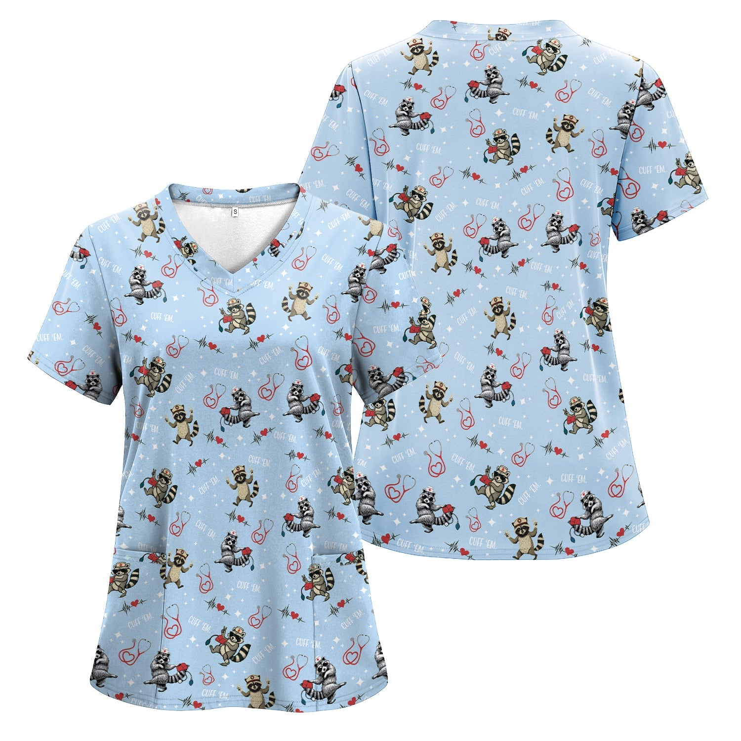 Cuff Em Raccoon Nurse Shirt - Funny Medical Scrub T-Shirt for CNA EMT LPN - Cute All Over Print Gift for Healthcare Workers