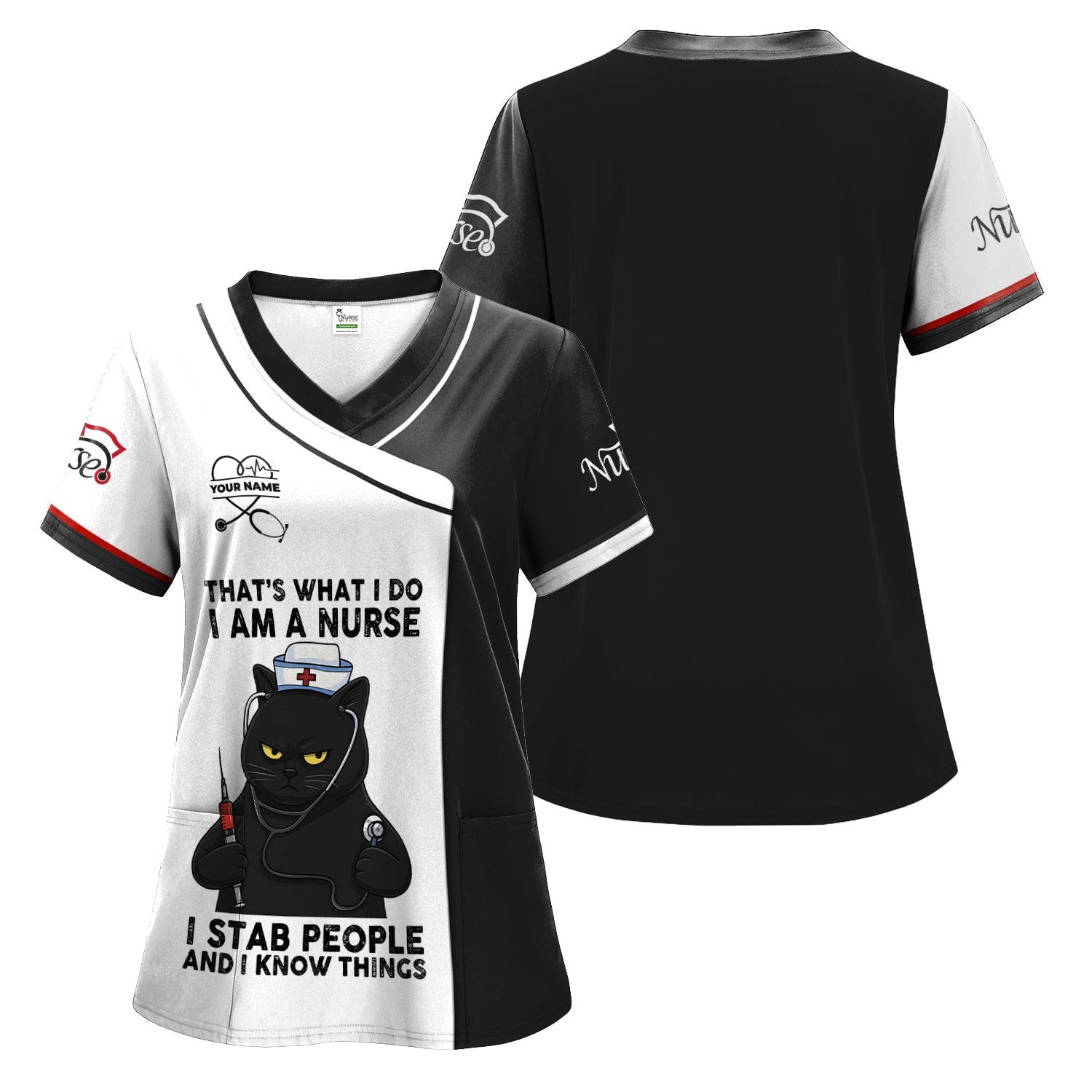 Personalized Grumpy Black Cat Nurse Shirt - Funny Syringe & Stethoscope Graphic Tee - Gift for Women RN LPN & Healthcare Workers