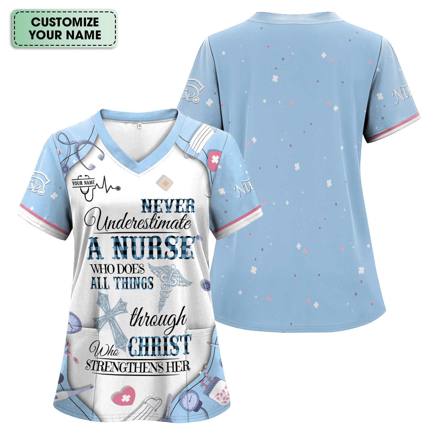 Personalized Christian Nurse Shirt for Women - All Things Through Christ Quote - Faith Medical Gift for RN LPN CNA Healthcare Workers