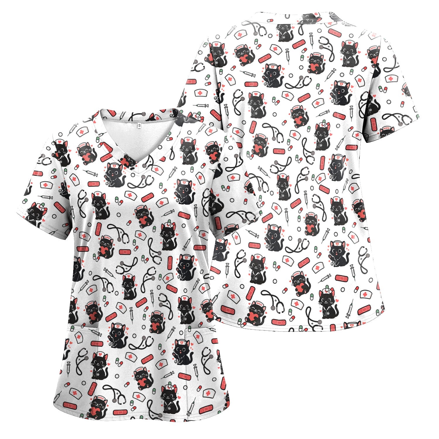 Personalized Adorable Cat Print Nurse Tee - Medical Uniform Shirt with Stethoscope - Gift for RN CNA LPN