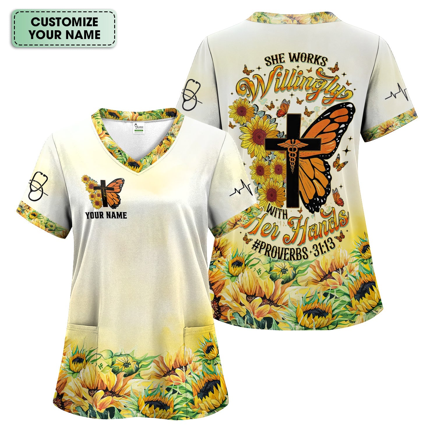 Custom Faith Nurse Shirt ‰ÛÒ Sunflower Butterfly Cross & Bible Verse Graphic Tee - Gift for RN LPN CNA Healthcare Workers