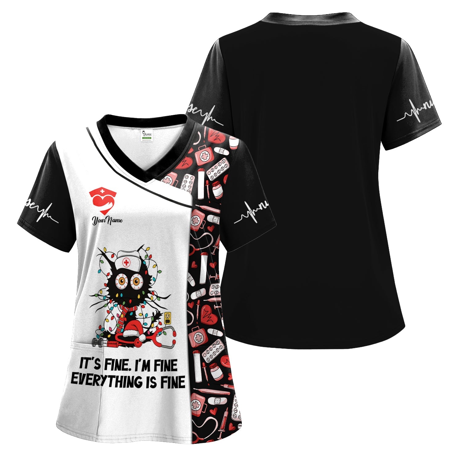Personalized Sarcastic Nurse Shirt - Messy Black Cat with Christmas Lights Graphic Tee - Gift for Women RN, LPN, CNA