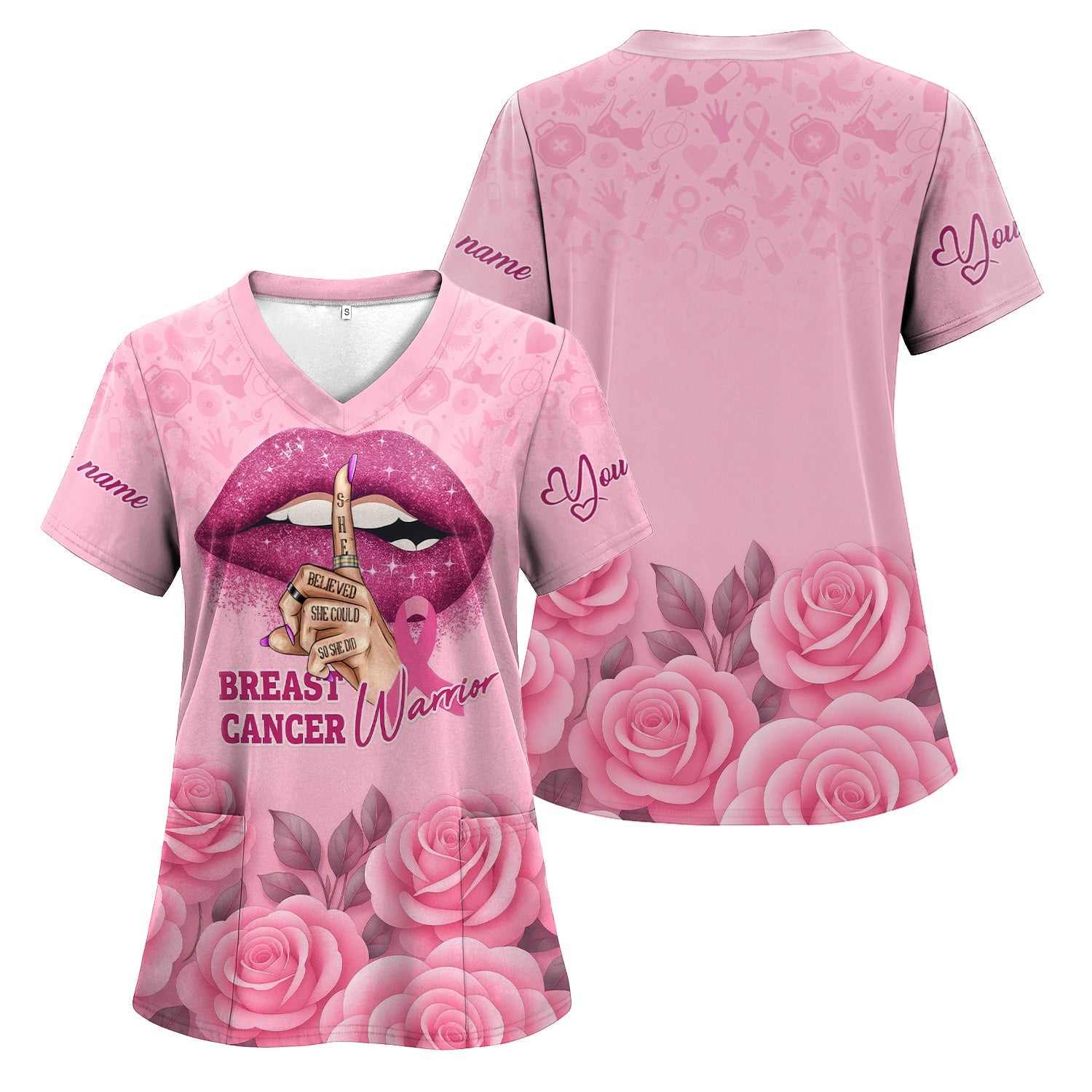 Personalized Breast Cancer Warrior Shirt - She Believed She Could Pink Ribbon Design - Gift for Women RN LPN CNA