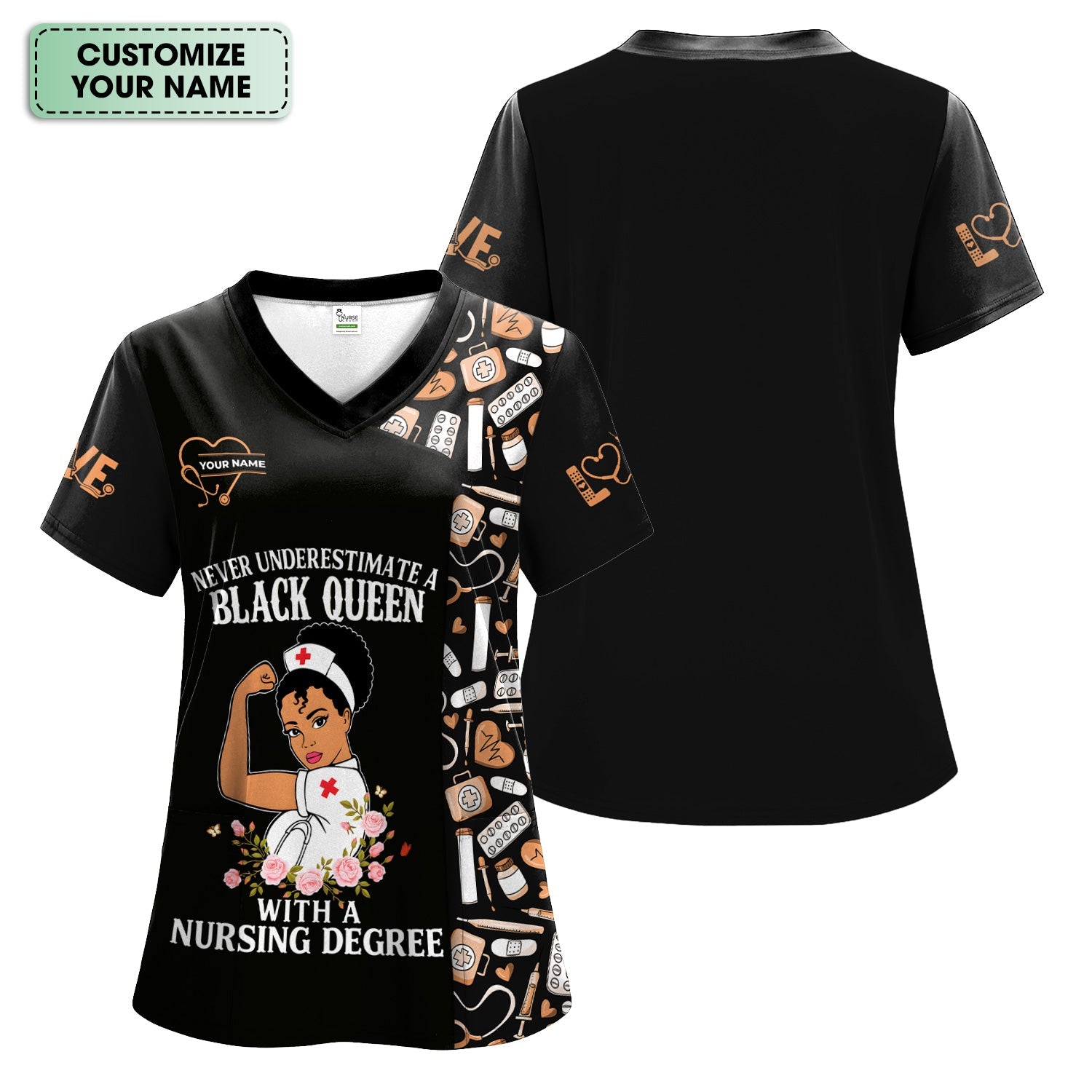 Custom Empowering Black Queen Nurse Shirt - Black Queen With A Nursing Degree - Gift for RN LPN CNA