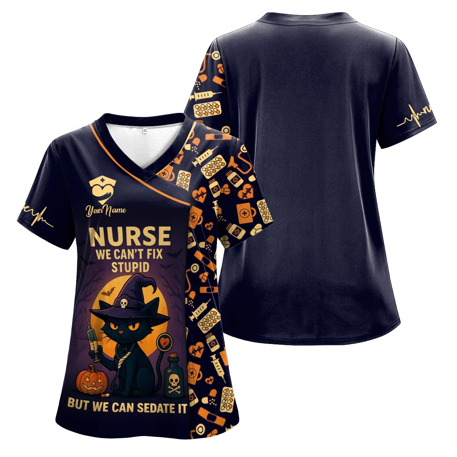 Personalized We Can't Fix Stupid Nurse Shirt - Spooky Black Cat Halloween Design - Custom Name Medical Gift for RN CNA Women