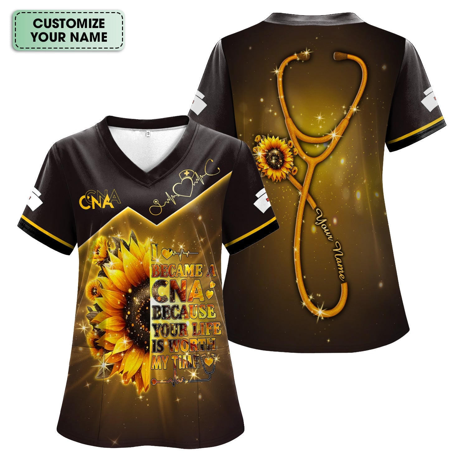 Custom Inspirational CNA T-Shirt - Golden Sunflower & Stethoscope Graphic Tee - Gift for RN LPN Healthcare Workers