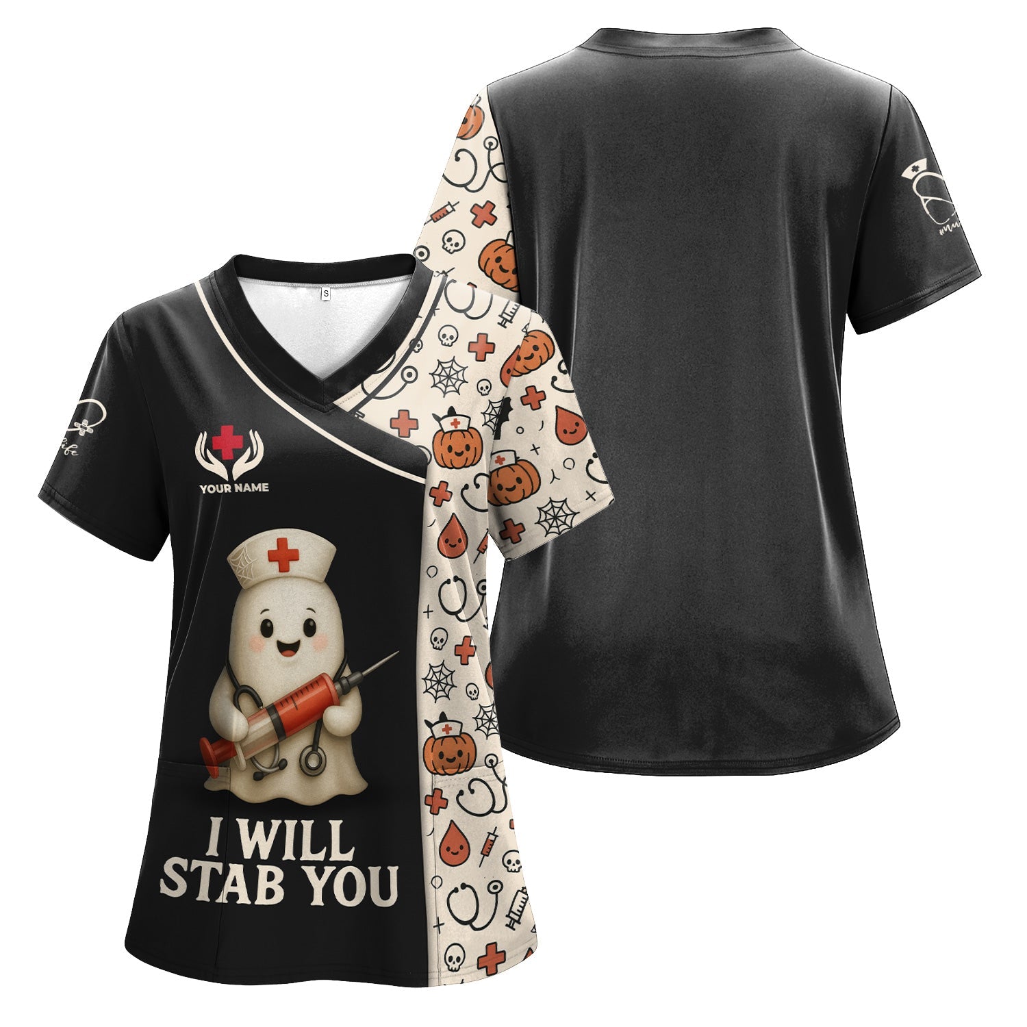 Personalized Halloween Medical Nurse T-Shirt - Funny Ghost with I Will Stab You Quote - Custom Name Gift for RN LPN CNA Healthcare Professionals