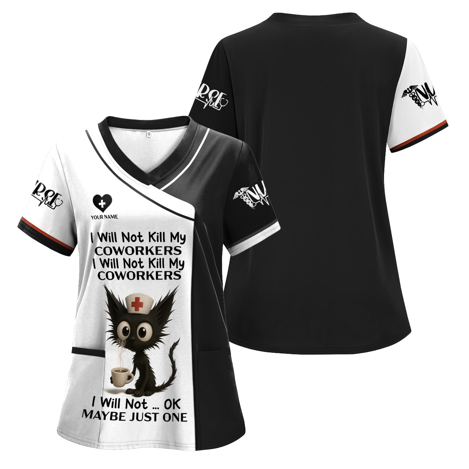 Custom Funny Nurse Shirt with Angry Cat - I Will Not Kill My Coworkers Quote - Gift for RN LPN CNA Healthcare Workers
