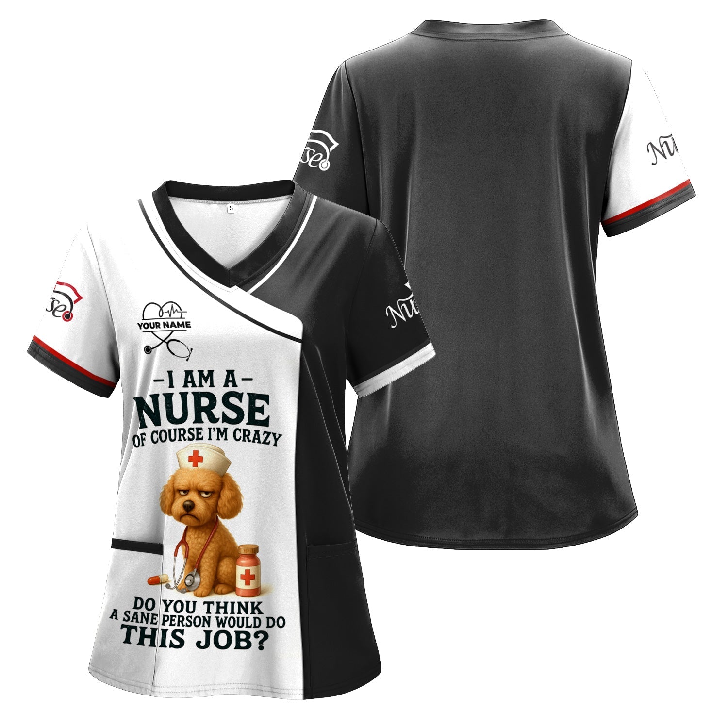 Personalized Funny Nurse Shirt - Of Course I'm Crazy Dog Design - Custom Name Gift for Nurses RN CNA LPN Healthcare Workers