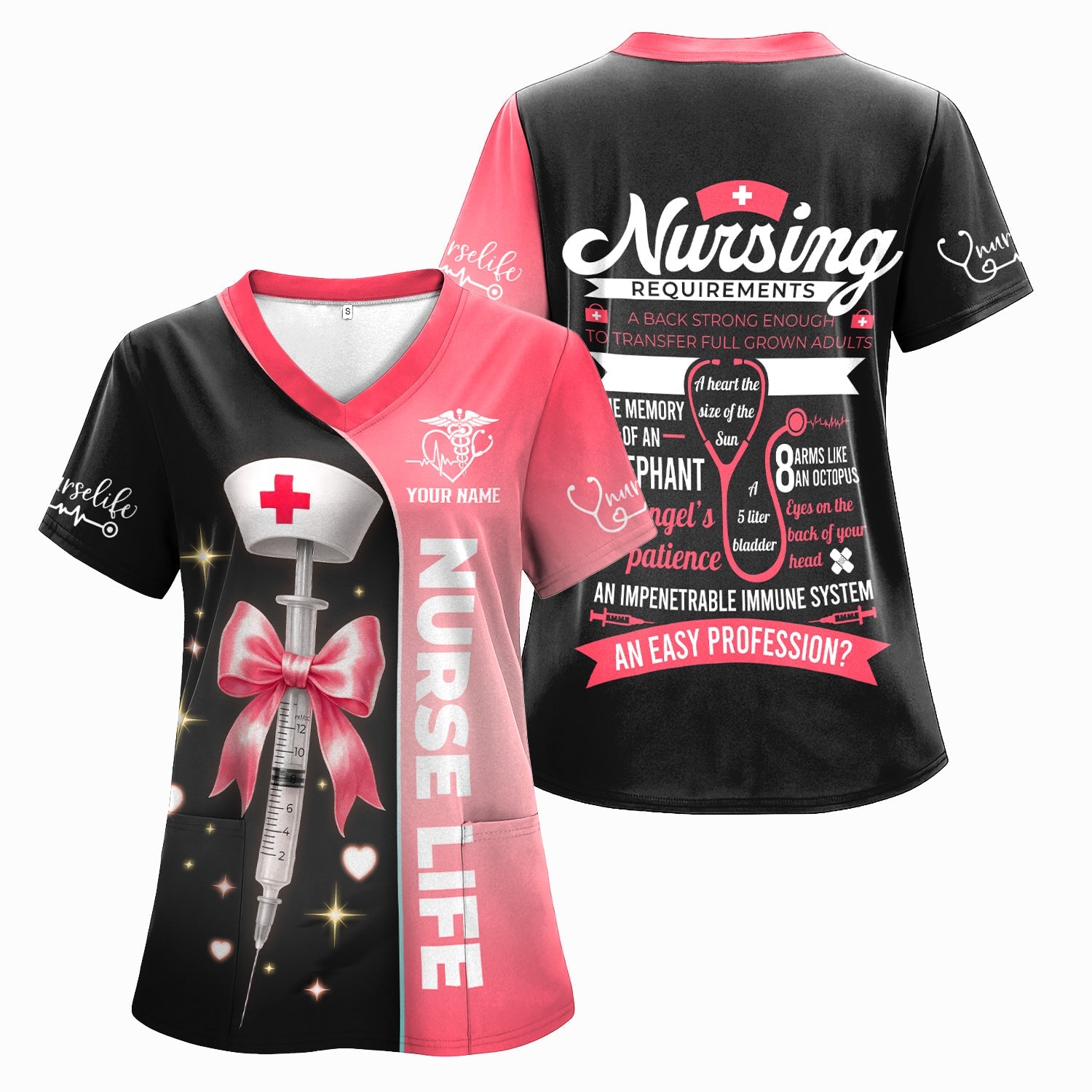 Personalized Nurse Life Shirt - Cute Syringe Bow Design Pink Black - Nursing Requirements Funny Quote Gift