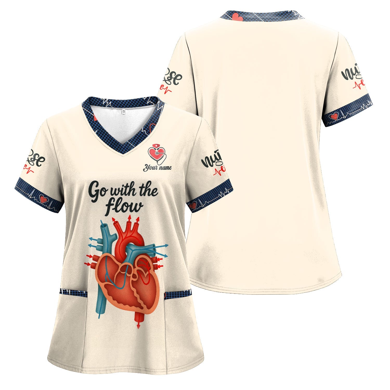 Funny Nurse Shirt for Women RN LPN CNA - Go With The Flow Heart Anatomy Design - Custom Name Gift for Healthcare Workers, Cardiologists, ICU & ER Staff