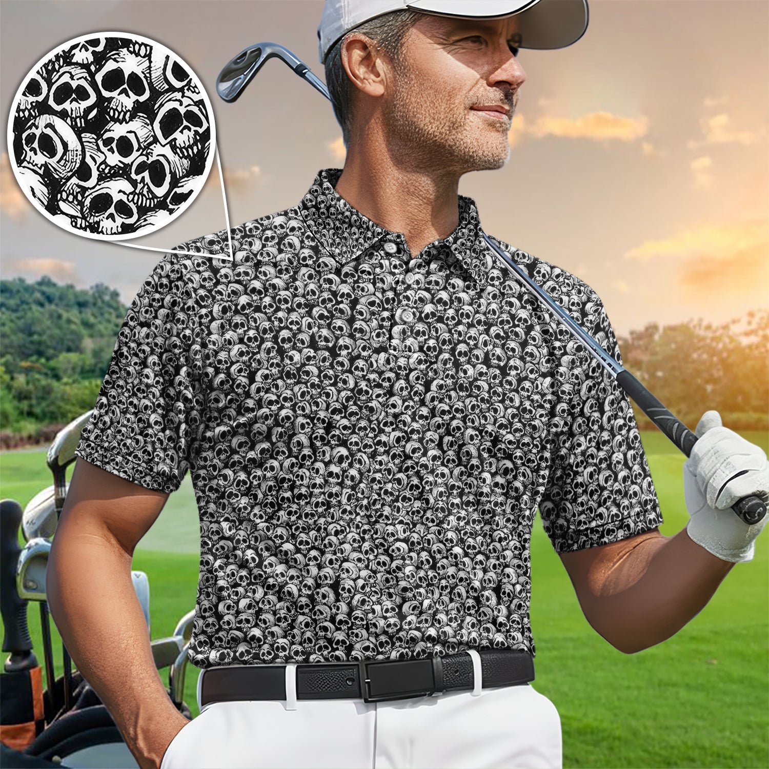 Gothic Skull Pattern Golf Shirt, Dark Skeleton Print Polo Shirt, Halloween Style Shirt