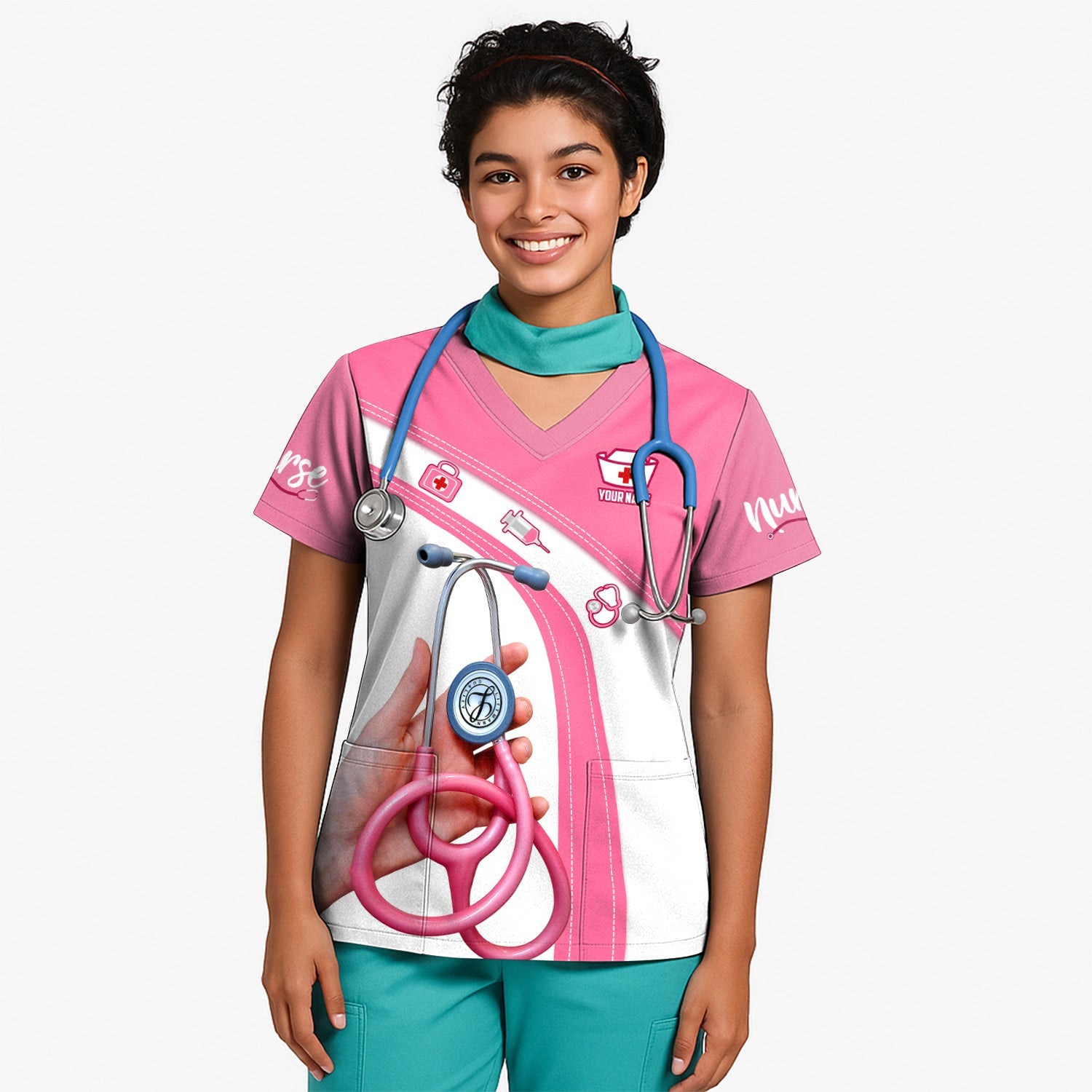 Personalized Nurse Shirt for Women - Pink Stethoscope Gift for RN CNA LPN - Custom Name Medical Uniform Tee
