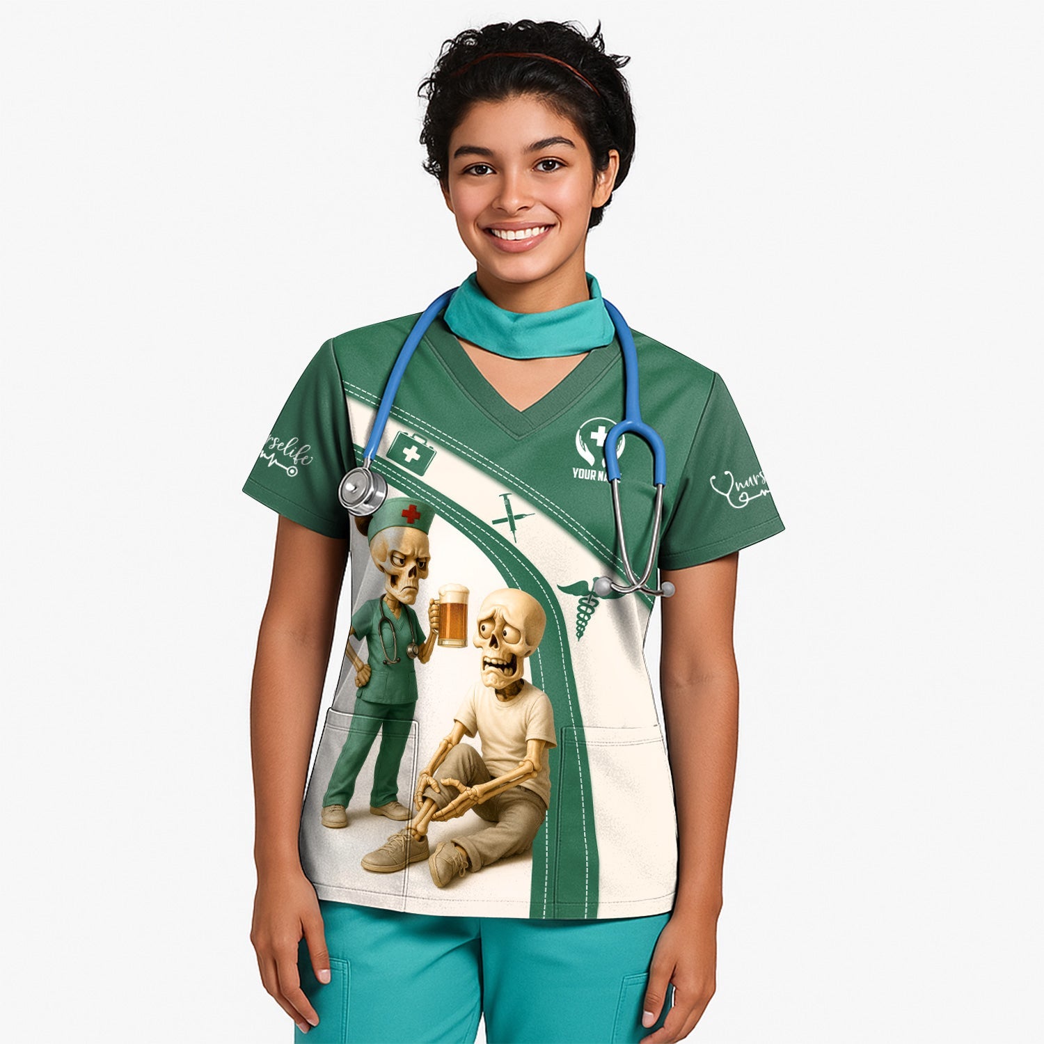 Funny Skeleton Nurse Shirt for Women - Custom Name Beer Joke Medical Uniform - Hilarious Gift for RN CNA LPN