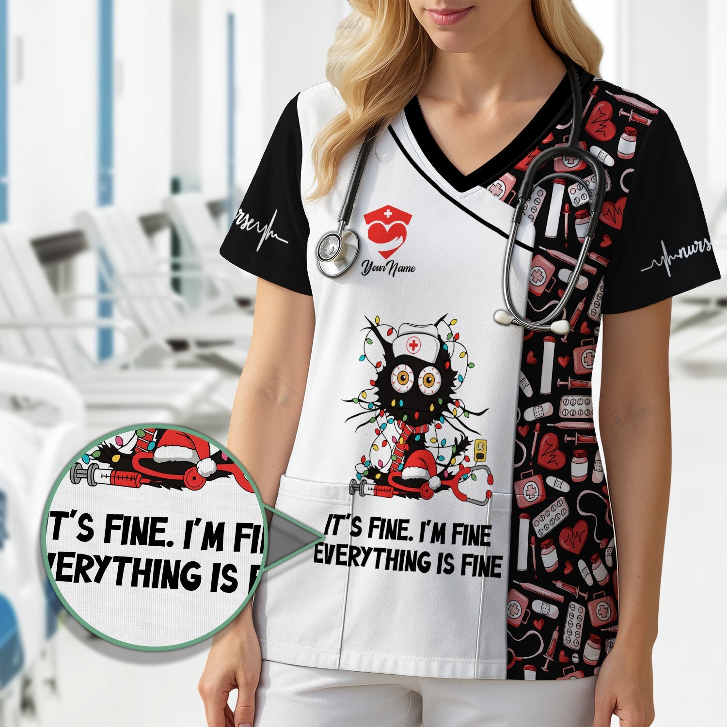 Personalized Sarcastic Nurse Shirt - Messy Black Cat with Christmas Lights Graphic Tee - Gift for Women RN, LPN, CNA