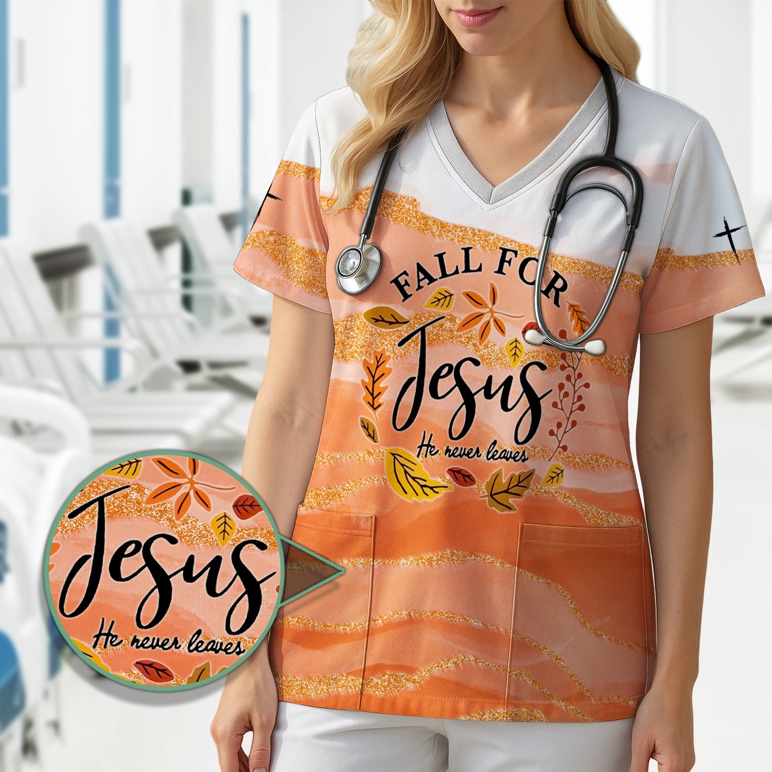 Faith Fall Shirt for Nurses - Fall for Jesus He Never Leaves Graphic Tee - Gift for Women RN LPN CNA