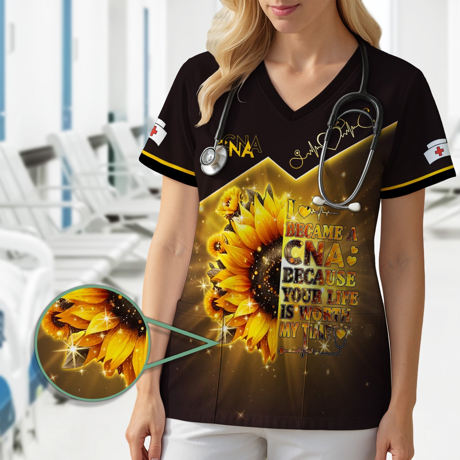 Custom Inspirational CNA T-Shirt - Golden Sunflower & Stethoscope Graphic Tee - Gift for RN LPN Healthcare Workers