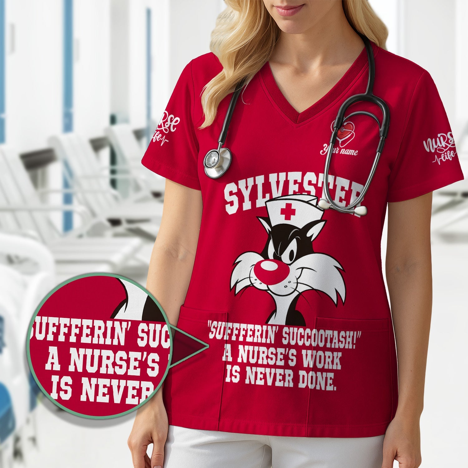 Custom Classic Cartoon Cat Nurse Shirt - A Nurse's Work Is Never Done Sarcastic Quote - Gift for RN LPN CNA