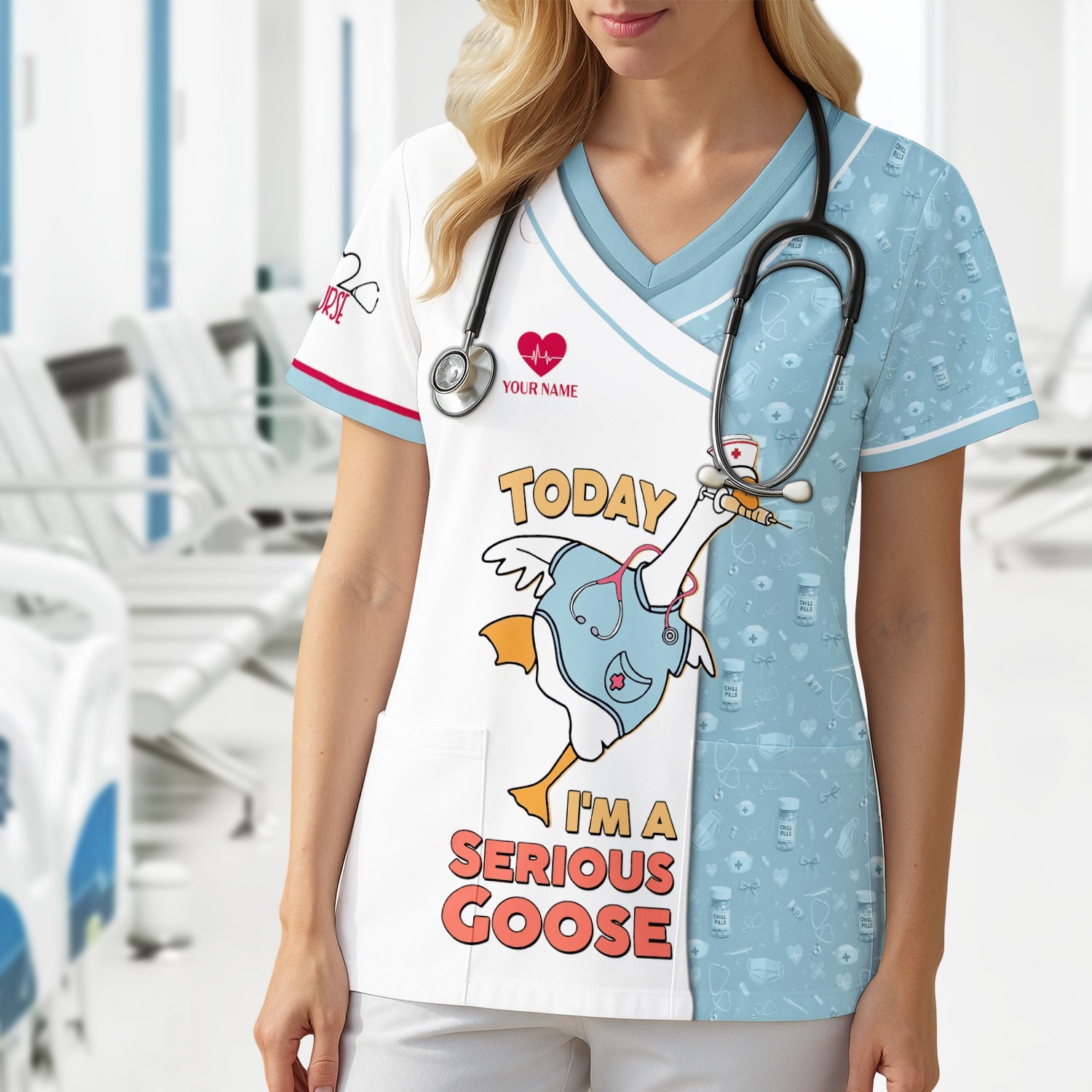 Personalized Goose Nurse T-Shirt for Women - Silly Medical Icons Design - Custom Name Gift for Healthcare Workers & Medical Staff