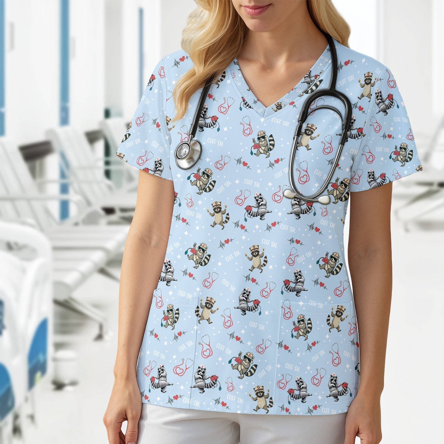 Cuff Em Raccoon Nurse Shirt - Funny Medical Scrub T-Shirt for CNA EMT LPN - Cute All Over Print Gift for Healthcare Workers