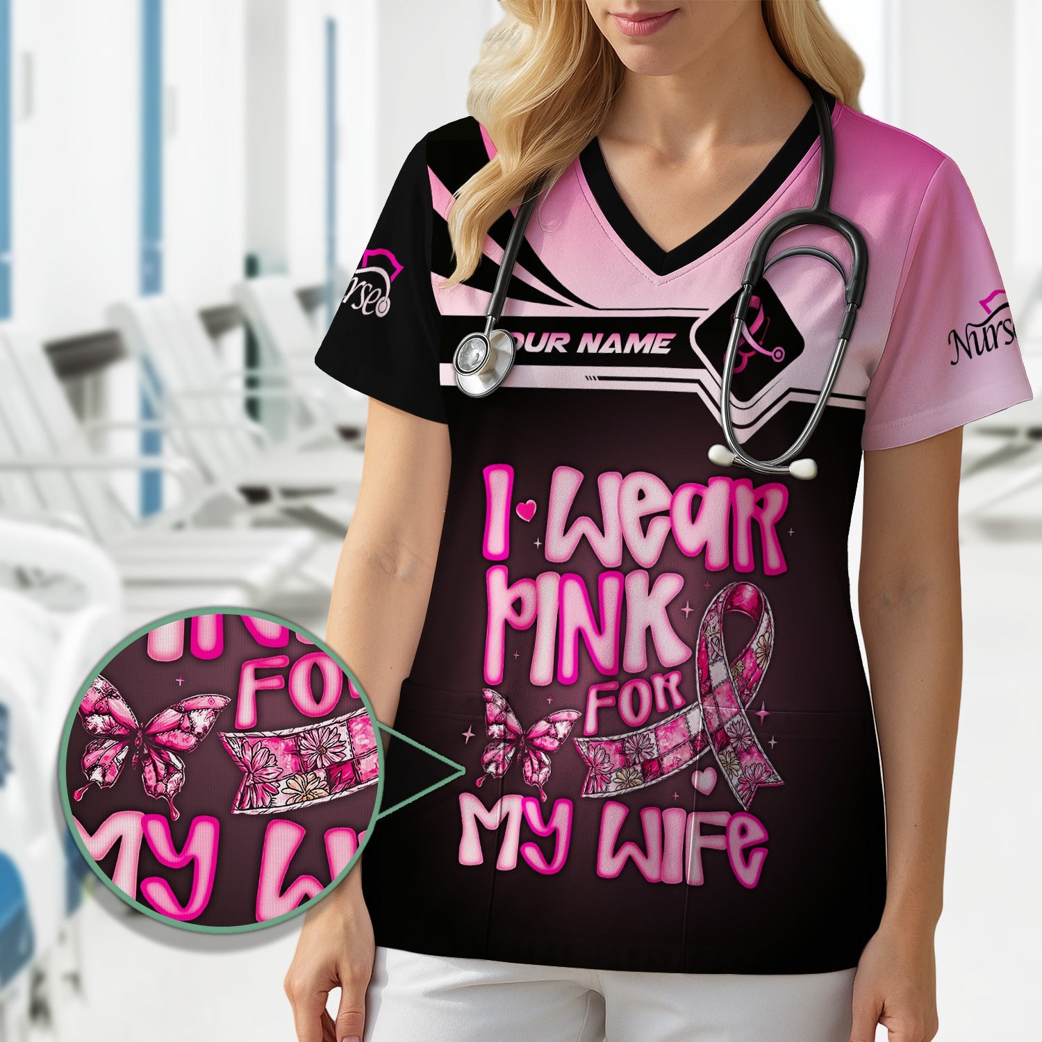 Custom Breast Cancer Awareness Shirt - I Wear Pink For My Wife - Gift for RN LPN CNA Healthcare Workers