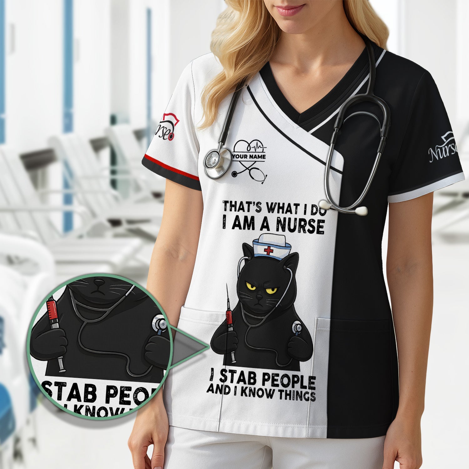 Personalized Grumpy Black Cat Nurse Shirt - Funny Syringe & Stethoscope Graphic Tee - Gift for Women RN LPN & Healthcare Workers