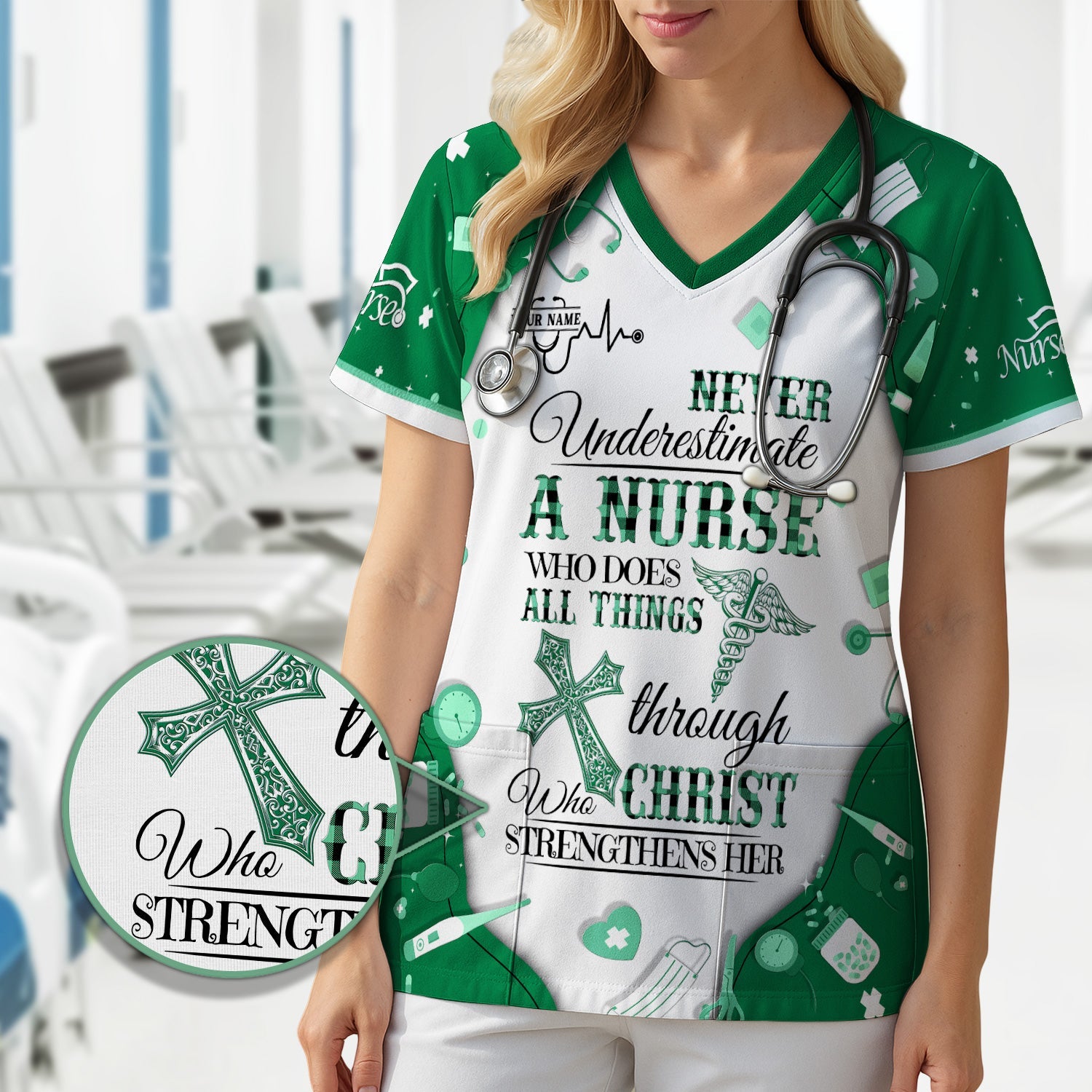 Personalized Christian Nurse Shirt - All Things Through Christ Quote - Faith-Based Medical Gift for RN, LPN, CNA Healthcare Workers