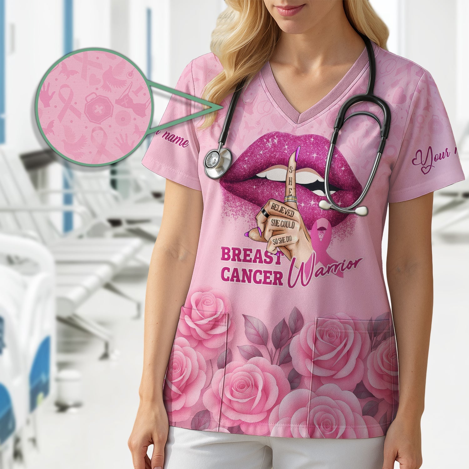 Personalized Breast Cancer Warrior Shirt - She Believed She Could Pink Ribbon Design - Gift for Women RN LPN CNA