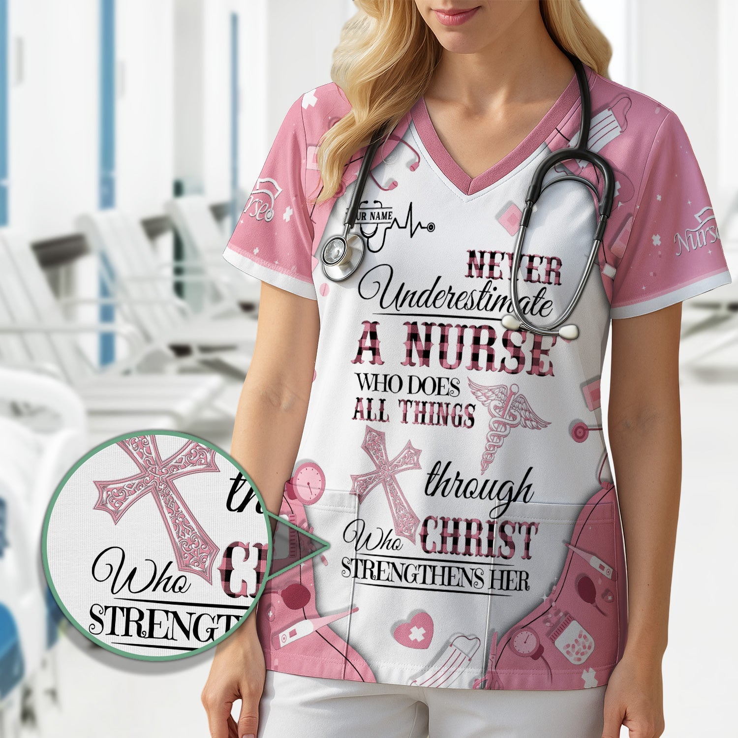 Personalized Christian Nurse Shirt - All Things Through Christ Quote - Faith-Based Medical Gift for RN, LPN, CNA Healthcare Workers