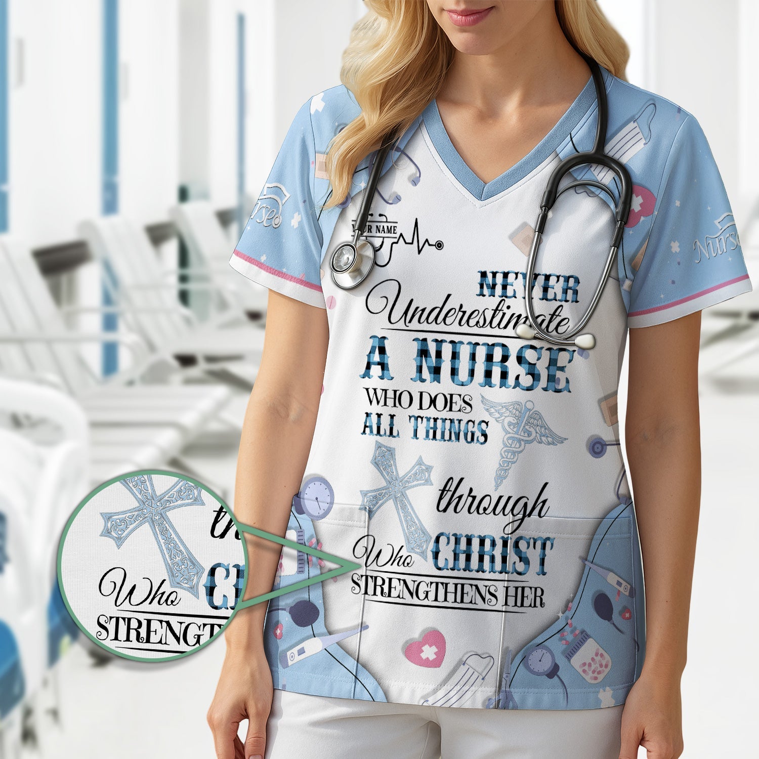 Personalized Christian Nurse Shirt for Women - All Things Through Christ Quote - Faith Medical Gift for RN LPN CNA Healthcare Workers
