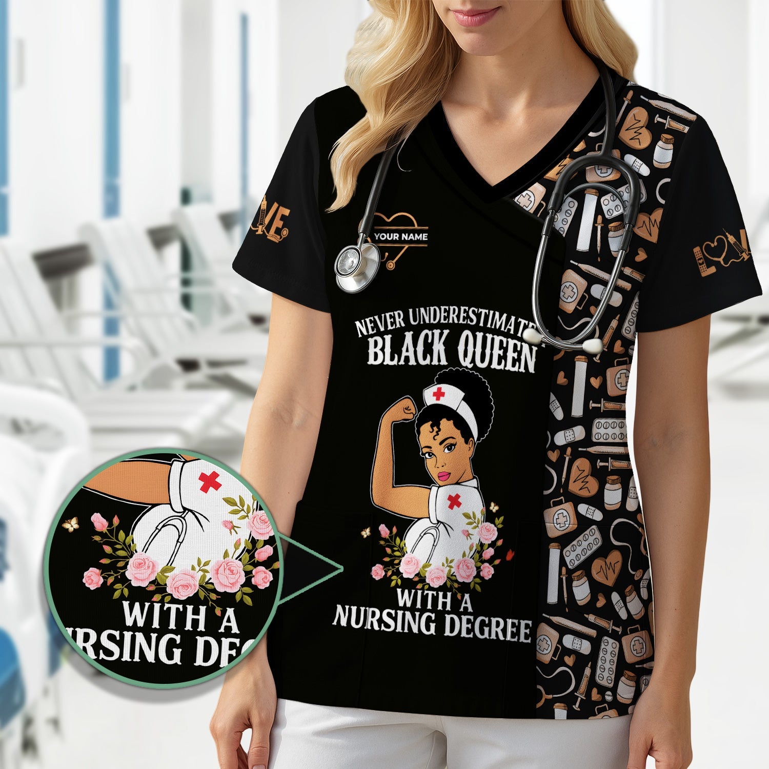 Custom Empowering Black Queen Nurse Shirt - Black Queen With A Nursing Degree - Gift for RN LPN CNA