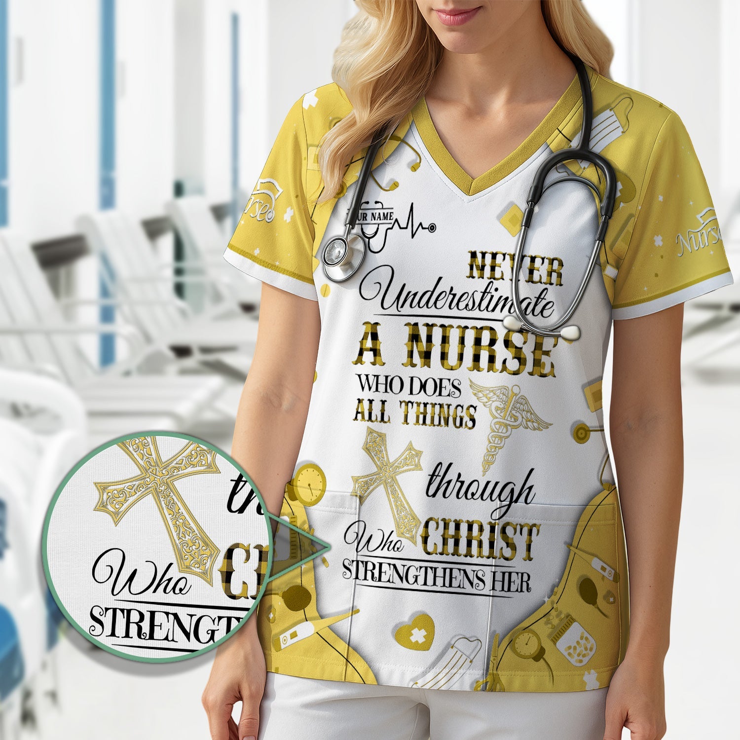 Personalized Christian Nurse Shirt - All Things Through Christ Quote - Faith-Based Medical Gift for RN, LPN, CNA Healthcare Workers