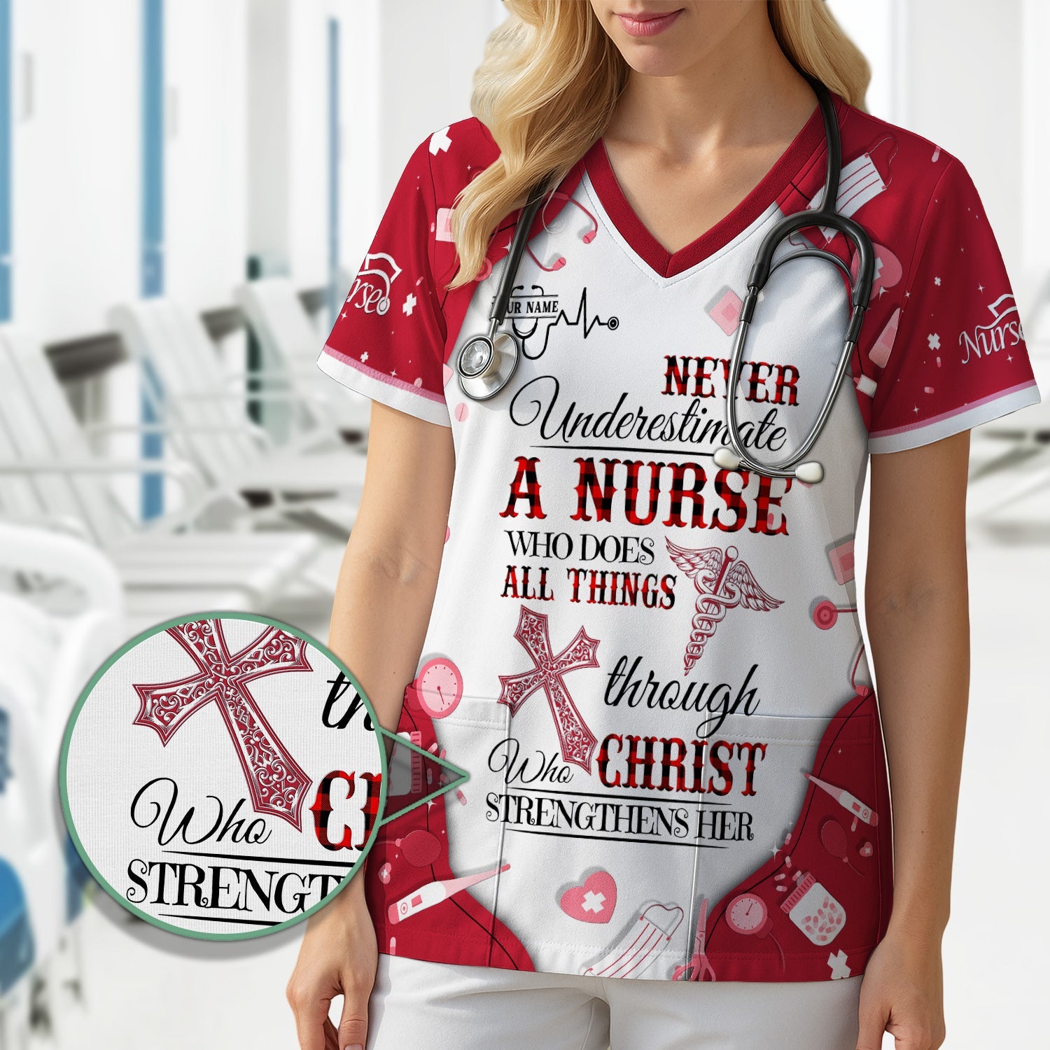 Personalized Christian Nurse Shirt - All Things Through Christ Quote - Faith-Based Medical Gift for RN, LPN, CNA Healthcare Workers
