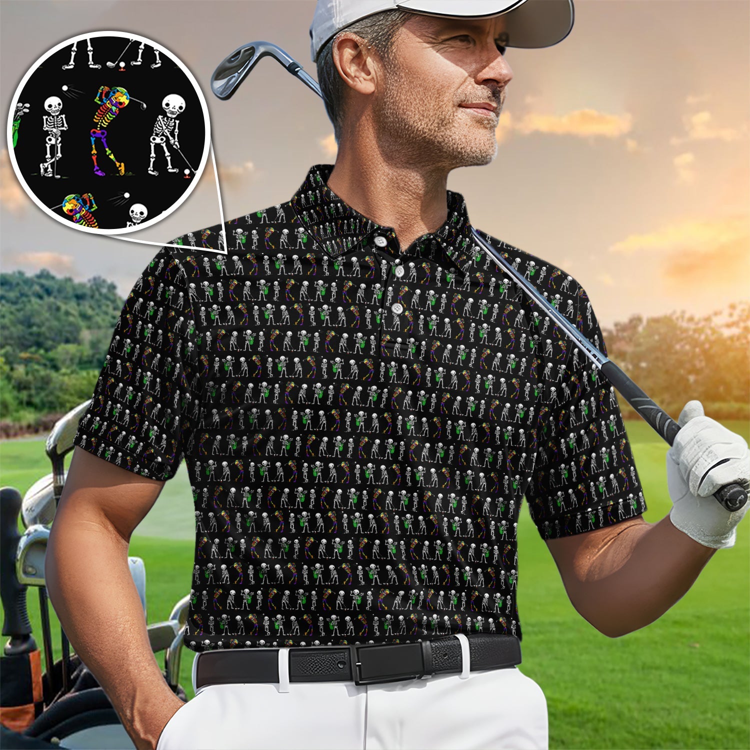 Funny Skeleton Golf Polo Shirt, Skeleton Golfer Pattern Shirt, Golf Lover Halloween Gift