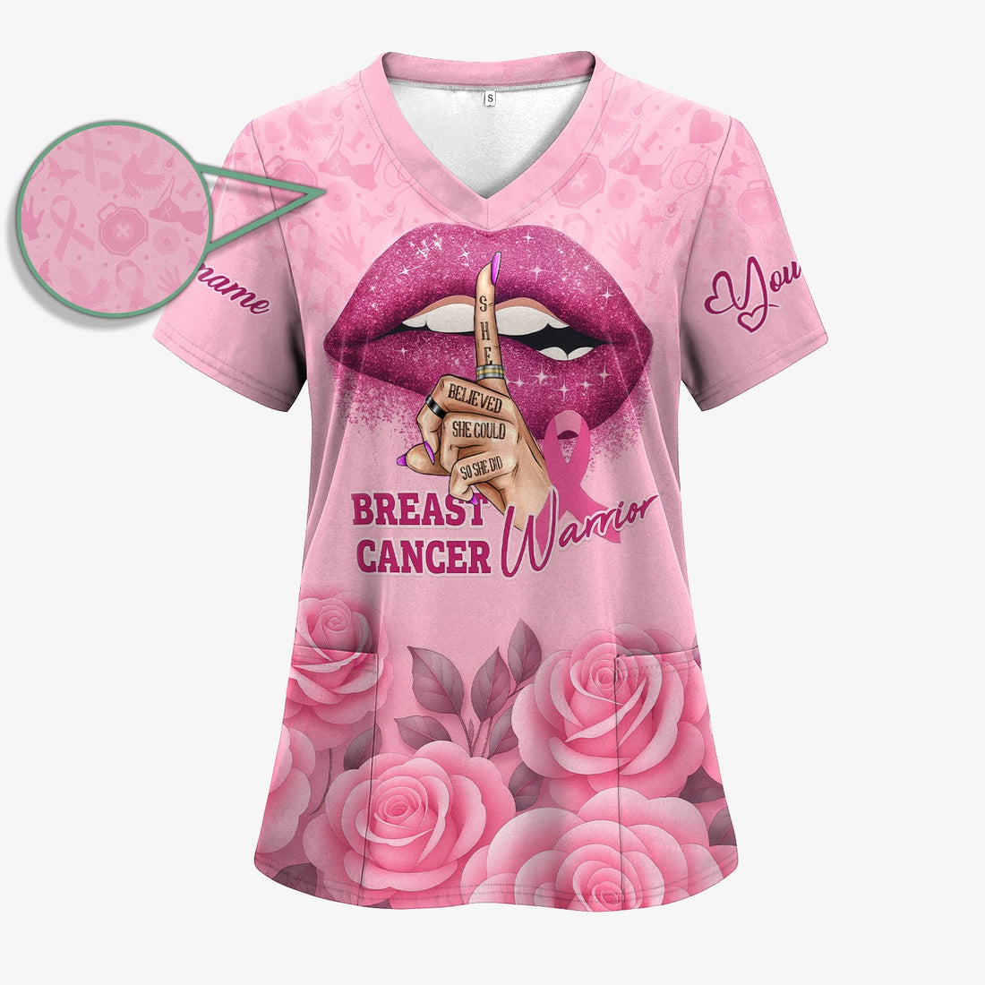 Personalized Breast Cancer Warrior Shirt - She Believed She Could Pink Ribbon Design - Gift for Women RN LPN CNA