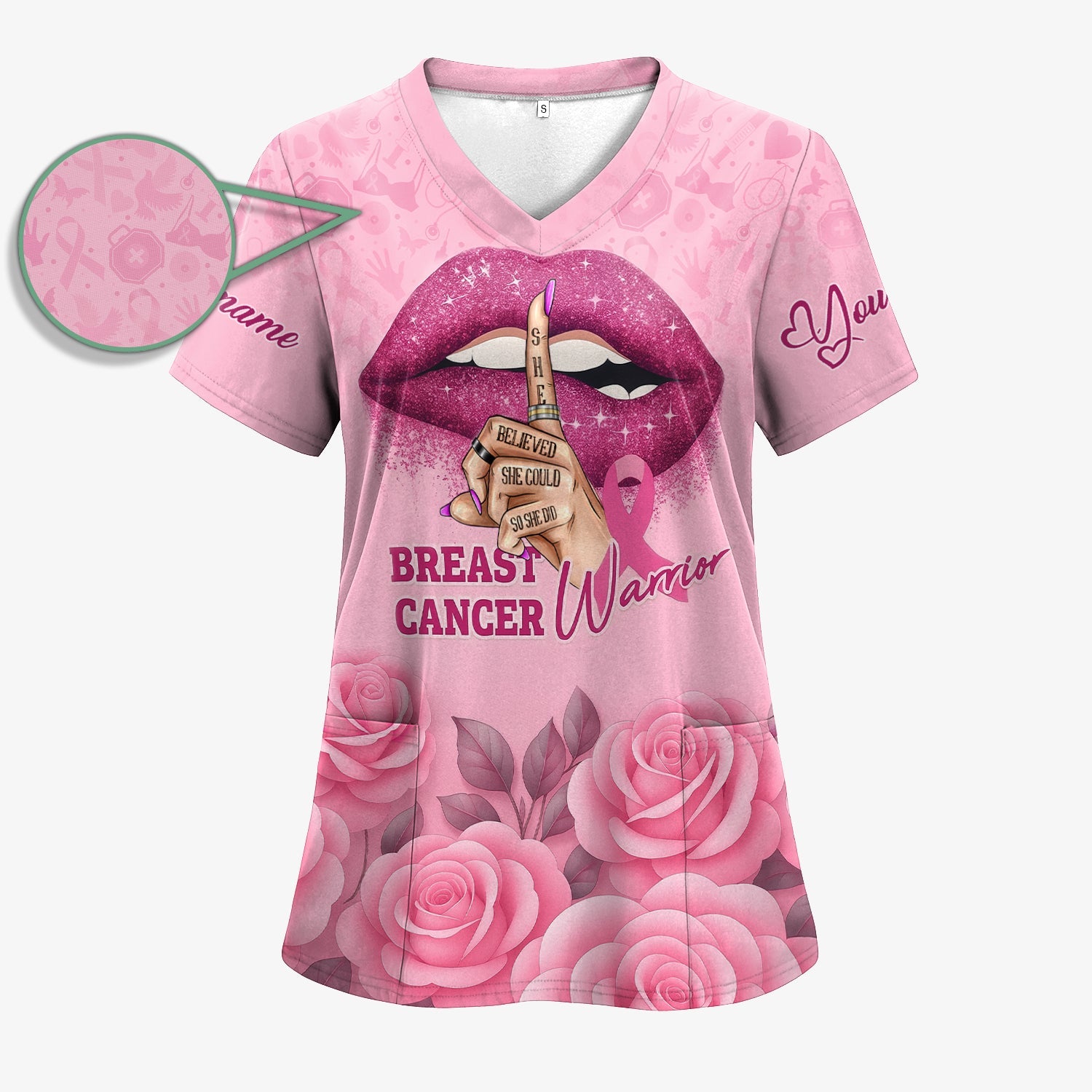 Personalized Breast Cancer Warrior Shirt - She Believed She Could Pink Ribbon Design - Gift for Women RN LPN CNA
