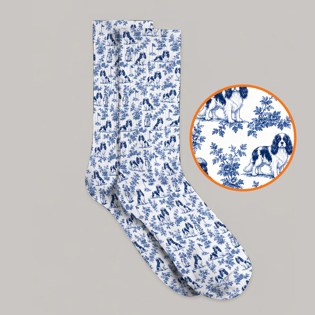 Funny Cavalier King Charles Spaniel Golf Sock, Toile de Jouy Cavalier Pattern Golf Socks, Golf Gift For Golfer
