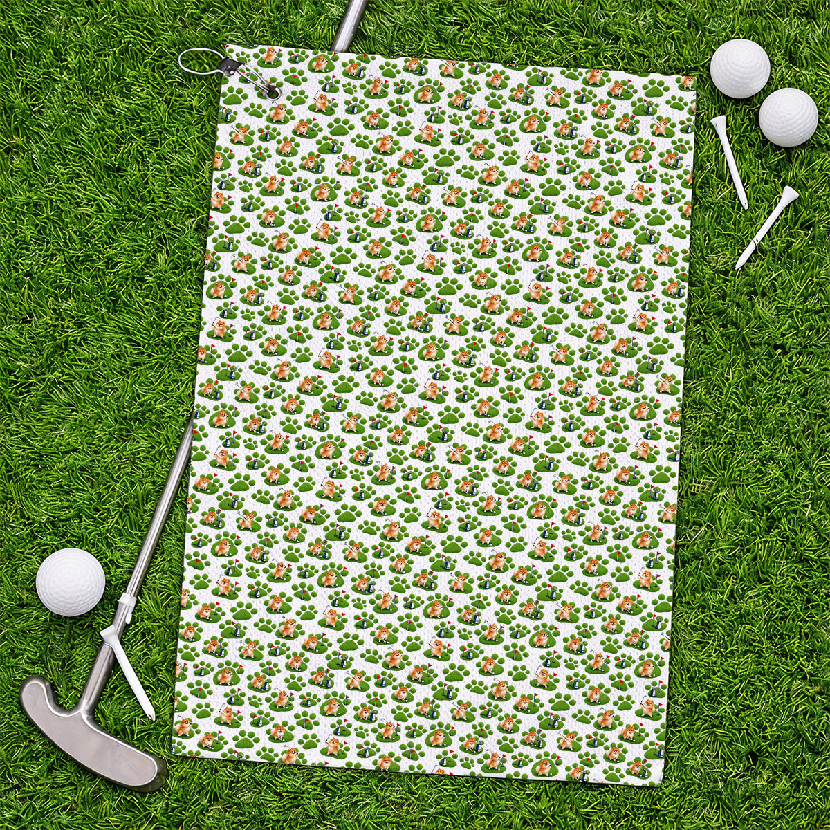 Pomeranian Paw Pattern Golf Towels, Cute Fluffy Pom Dog Pattern Golf Towel, Crazy Golf Gift For Golfers