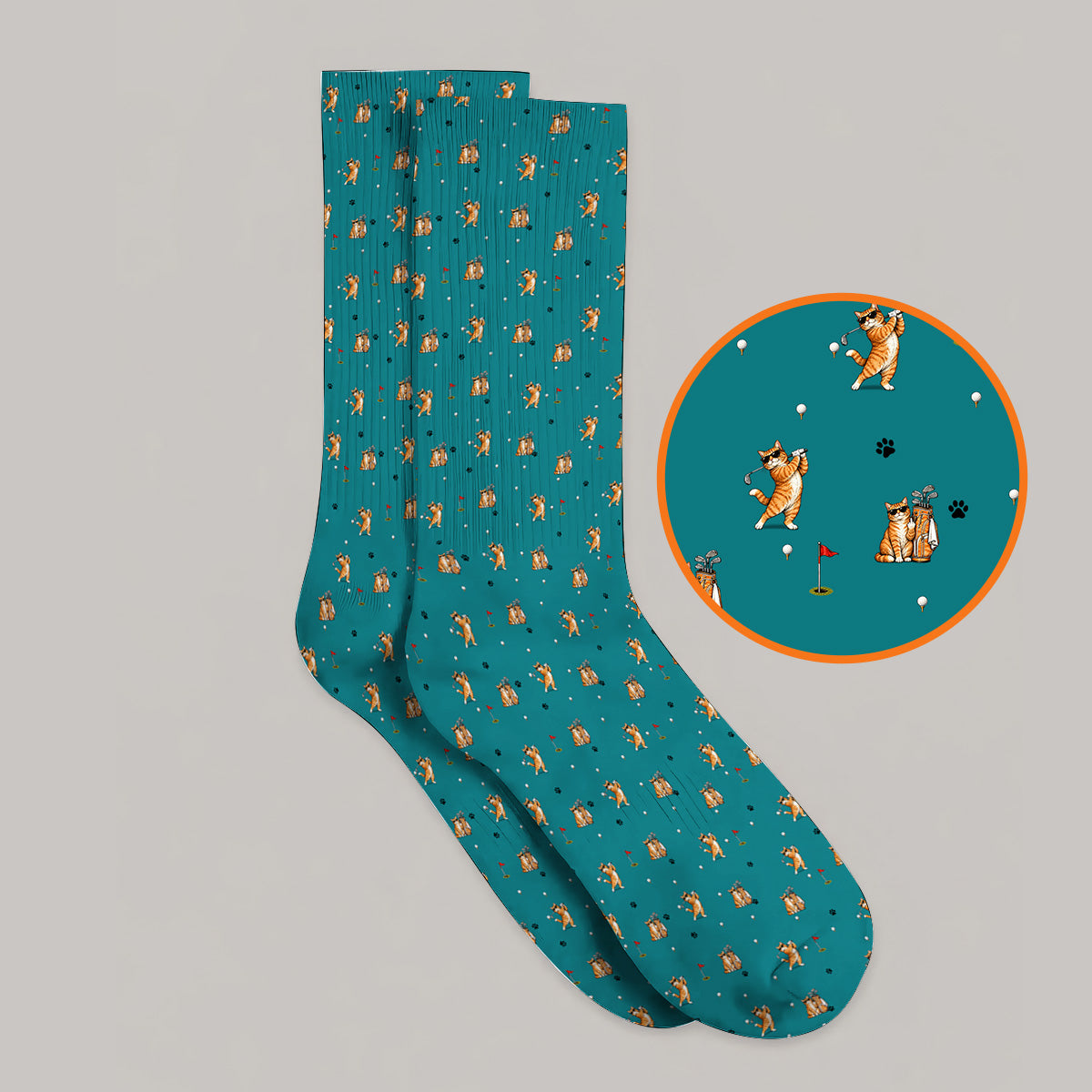 Funny Golf Cat Socks, Orange Tabby Cat Playing Golf Pattern Sock, Golf Gift For Golfers