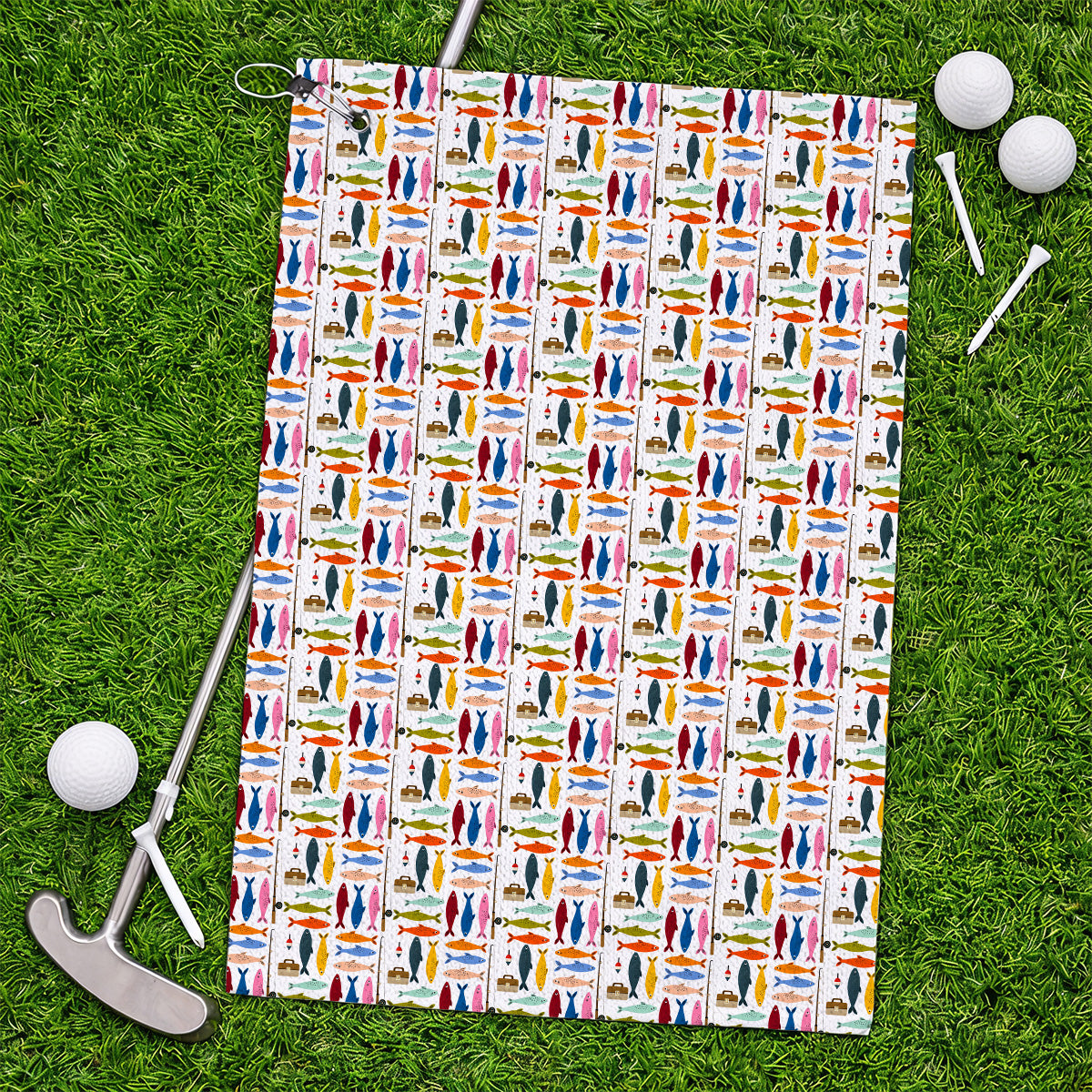 Colorful Fish Pattern Golf Towels, Fishing Rod Pattern Golf Towel, Crazy Golf Gift For Anglers and Fishermen